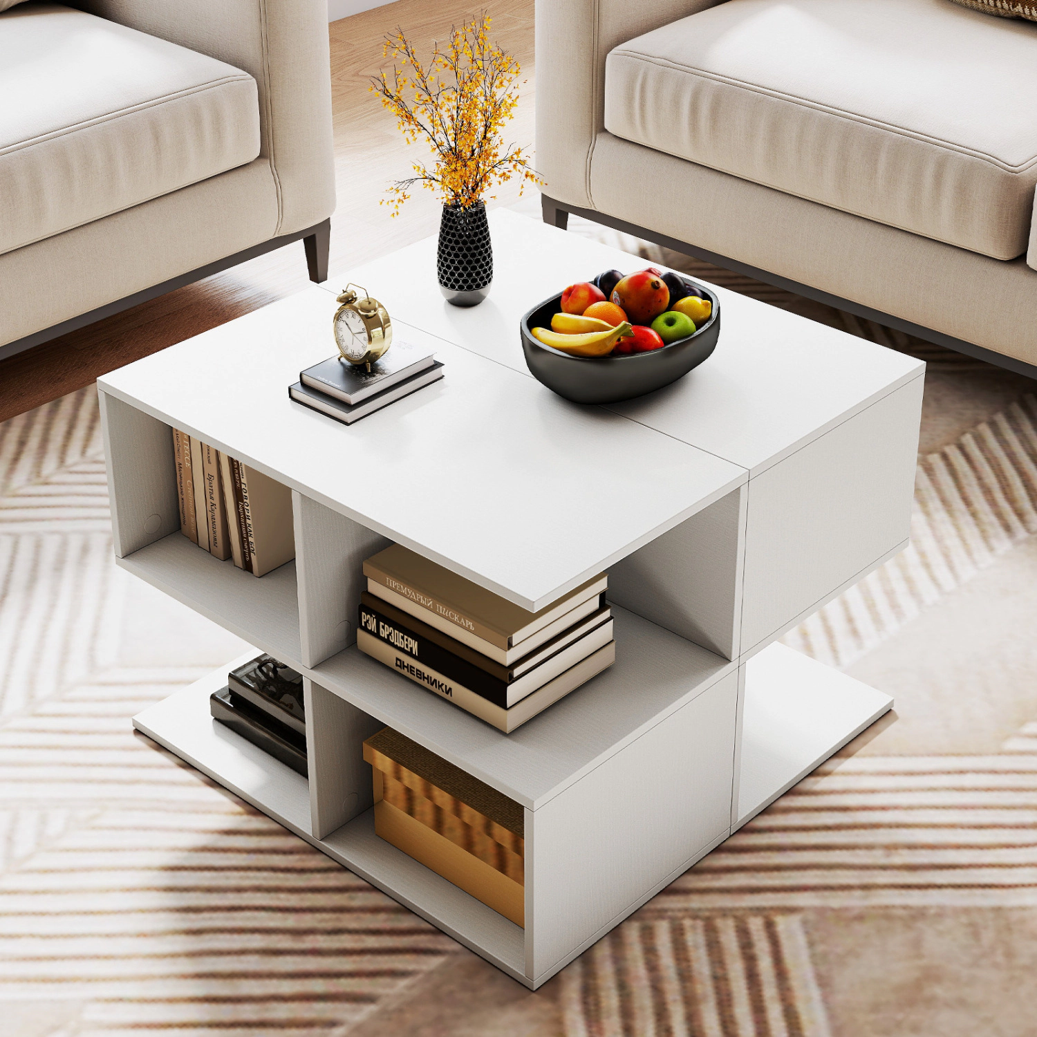 LJG 3-Tier Modern S-Shaped End Table with 4 Storage Cubes