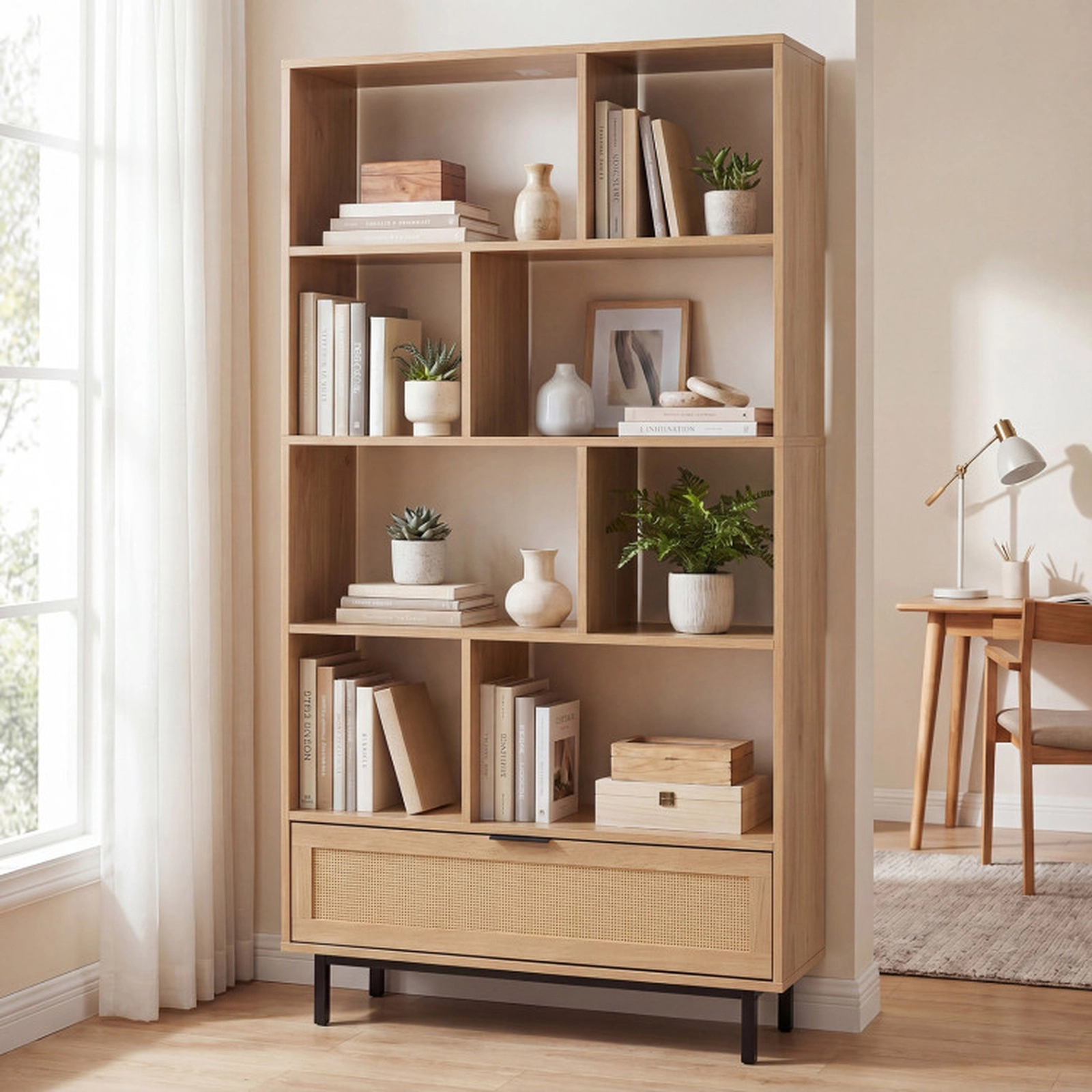 SUGIFT 64-in 6-Tier 33-lb Capacity Natural Wooden Bookcase with 8 Open Cubes Rattan Drawer and Metal Legs
