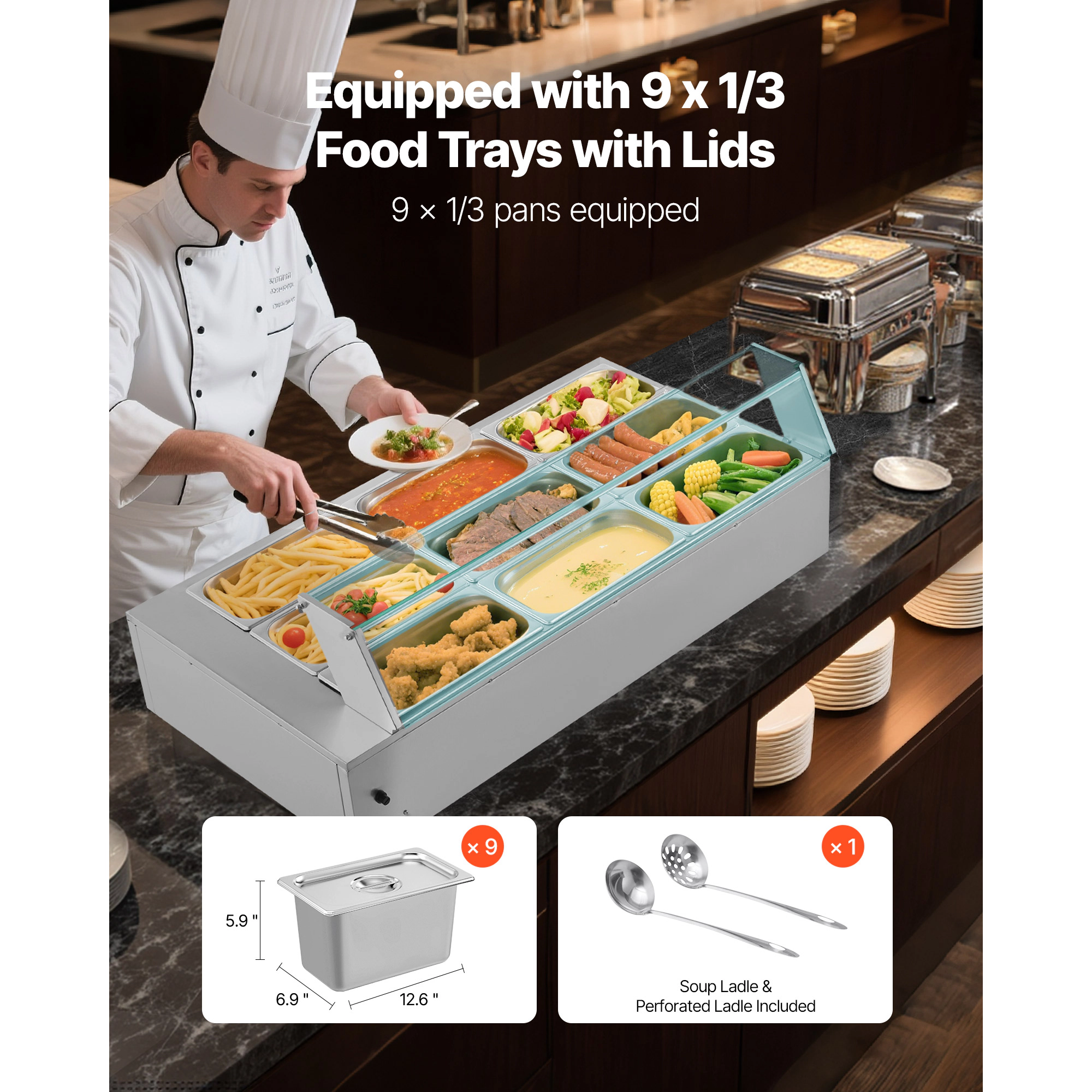 HONGGE Commercial Food Warmer Electric Stainless Steel Steam Food Warmer with Glass Cover Countertop Buffet Bain Marie