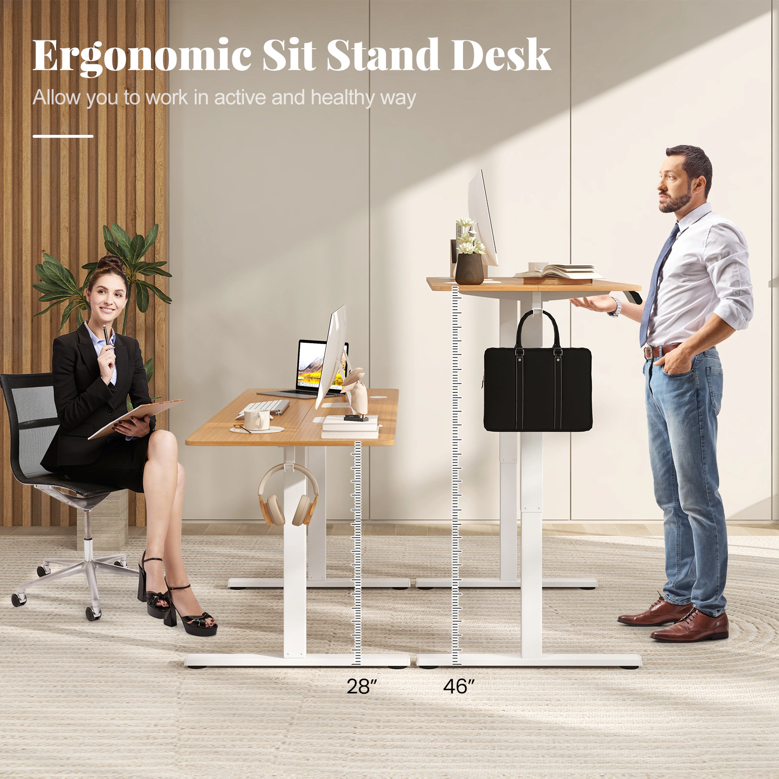 SUGIFT 63 in x 24 in Natural Electric Standing Gaming Desk with Hooks