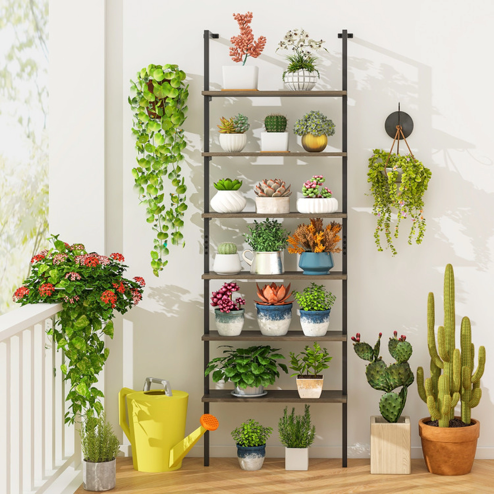 SUGIFT Gray 6-Tier Ladder Shelf 72 in Industrial Wall Mounted Bookshelf
