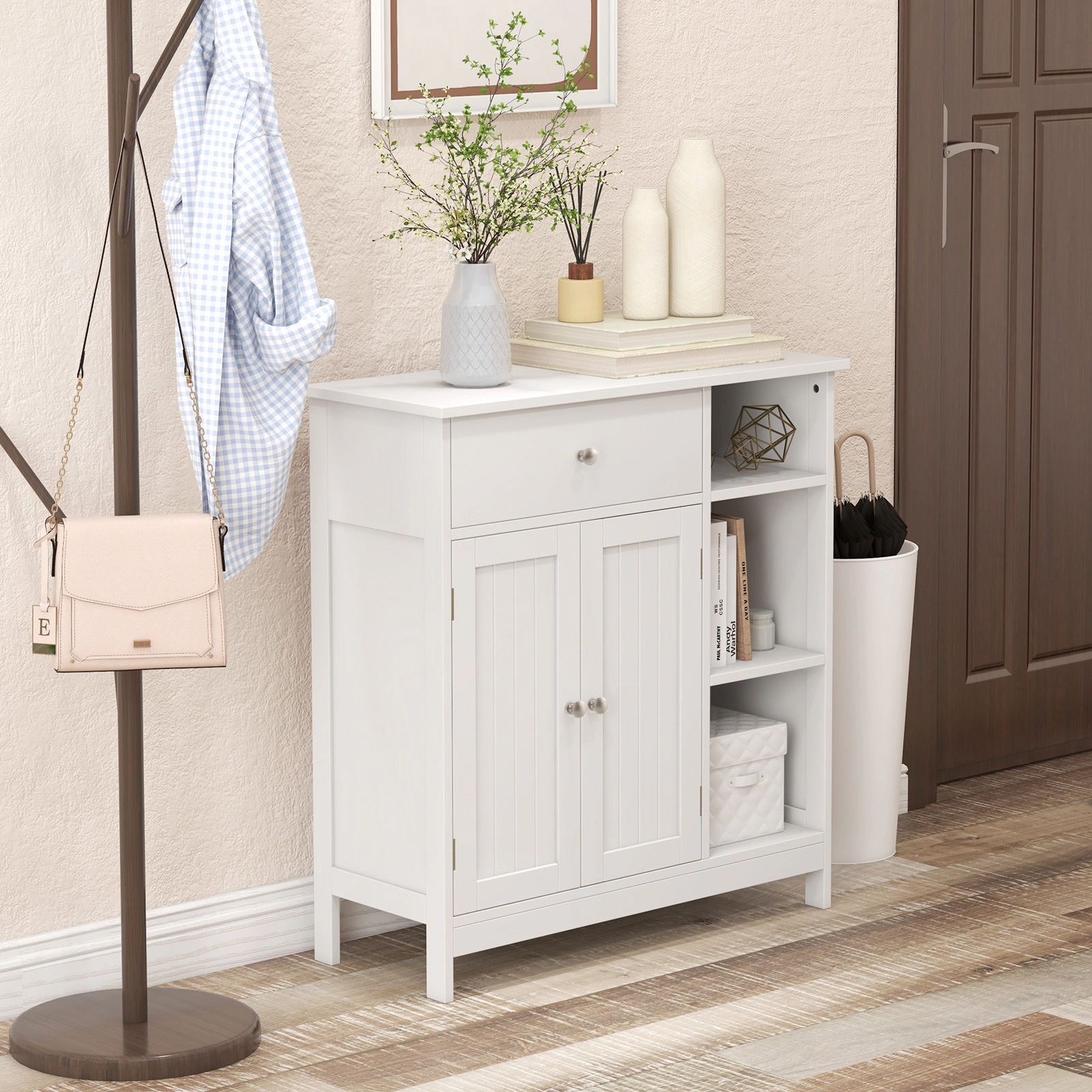 Slickblue White Storage Cabinet with Drawer, Adjustable Shelf and Open Shelves