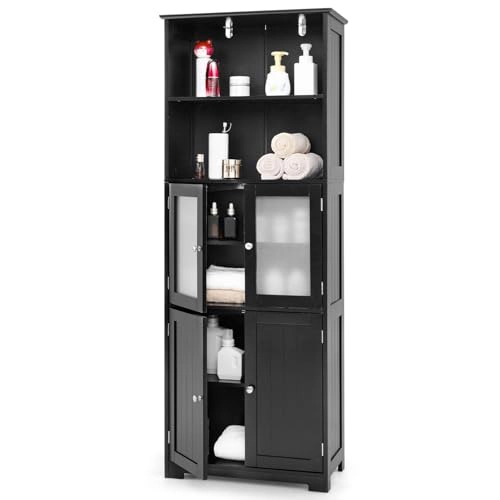 Glintex 6-Tier Bathroom Cabinet with Glass Doors 2 Open Bays and Raised Legs