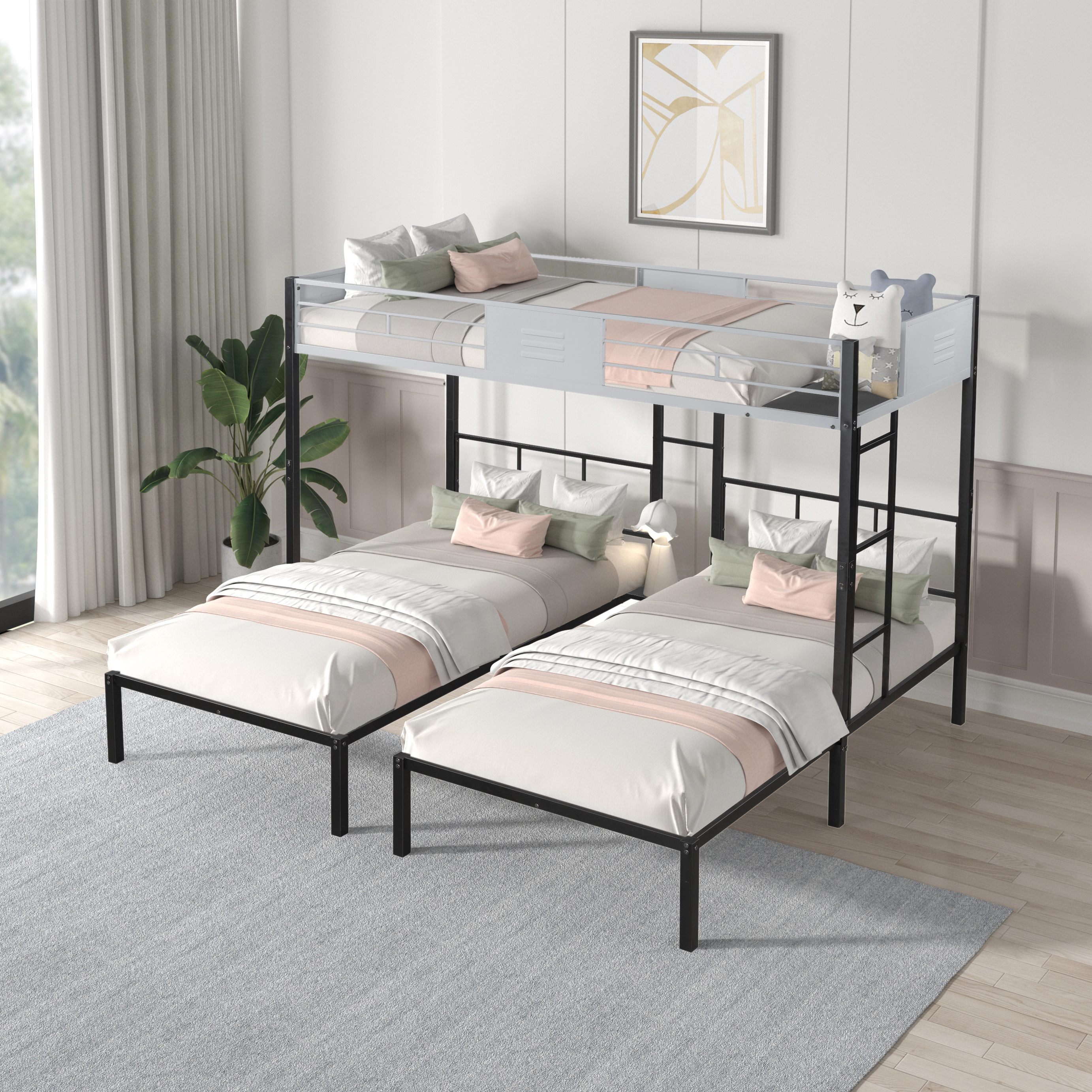 Flynama Triple Bunk Bed, Sturdy Metal Frame, Separates into Three Beds, No Box Spring