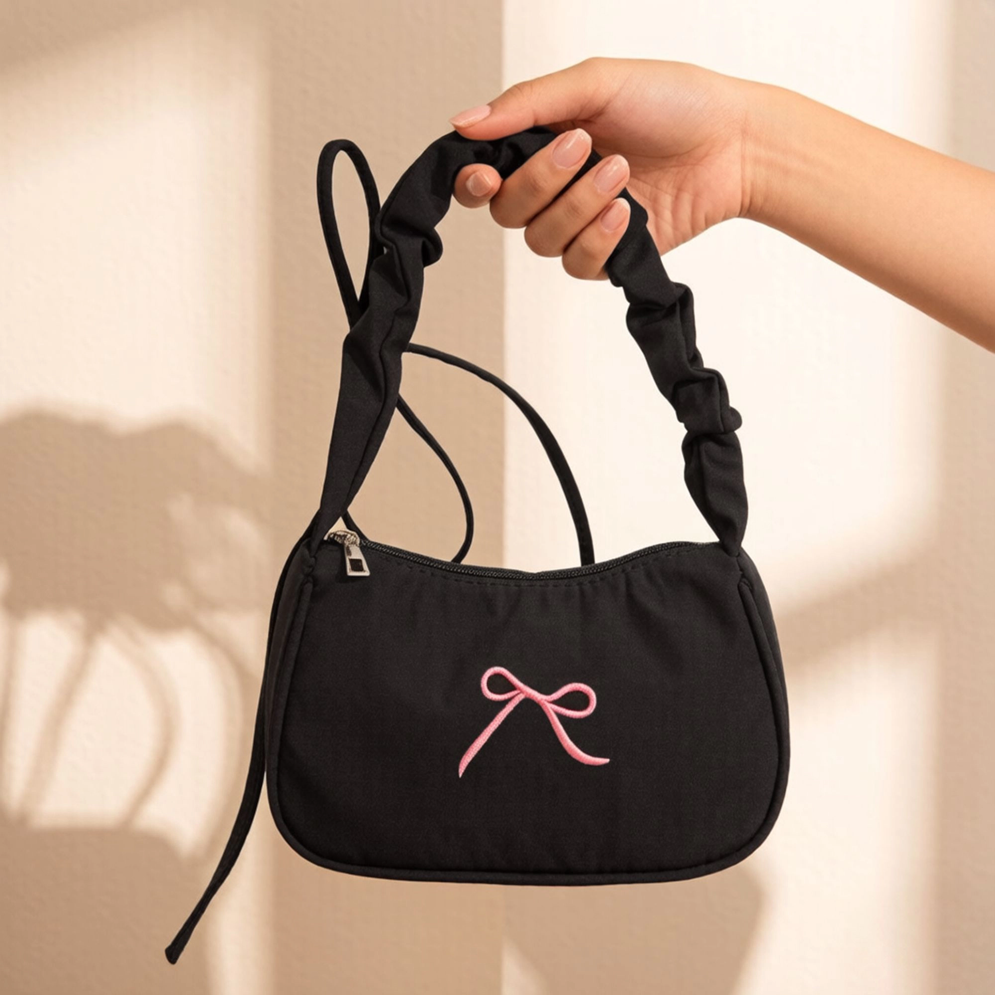 Alilang Women's Small Bow Embroidered Shoulder Bag with Ruched Strap and Zip Closure, Pink