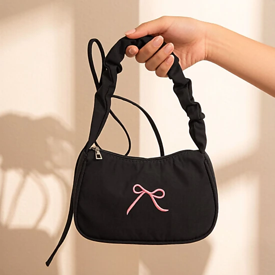 Alilang Women's Small Bow Embroidered Shoulder Bag with Ruched Strap and Zip Closure, Pink