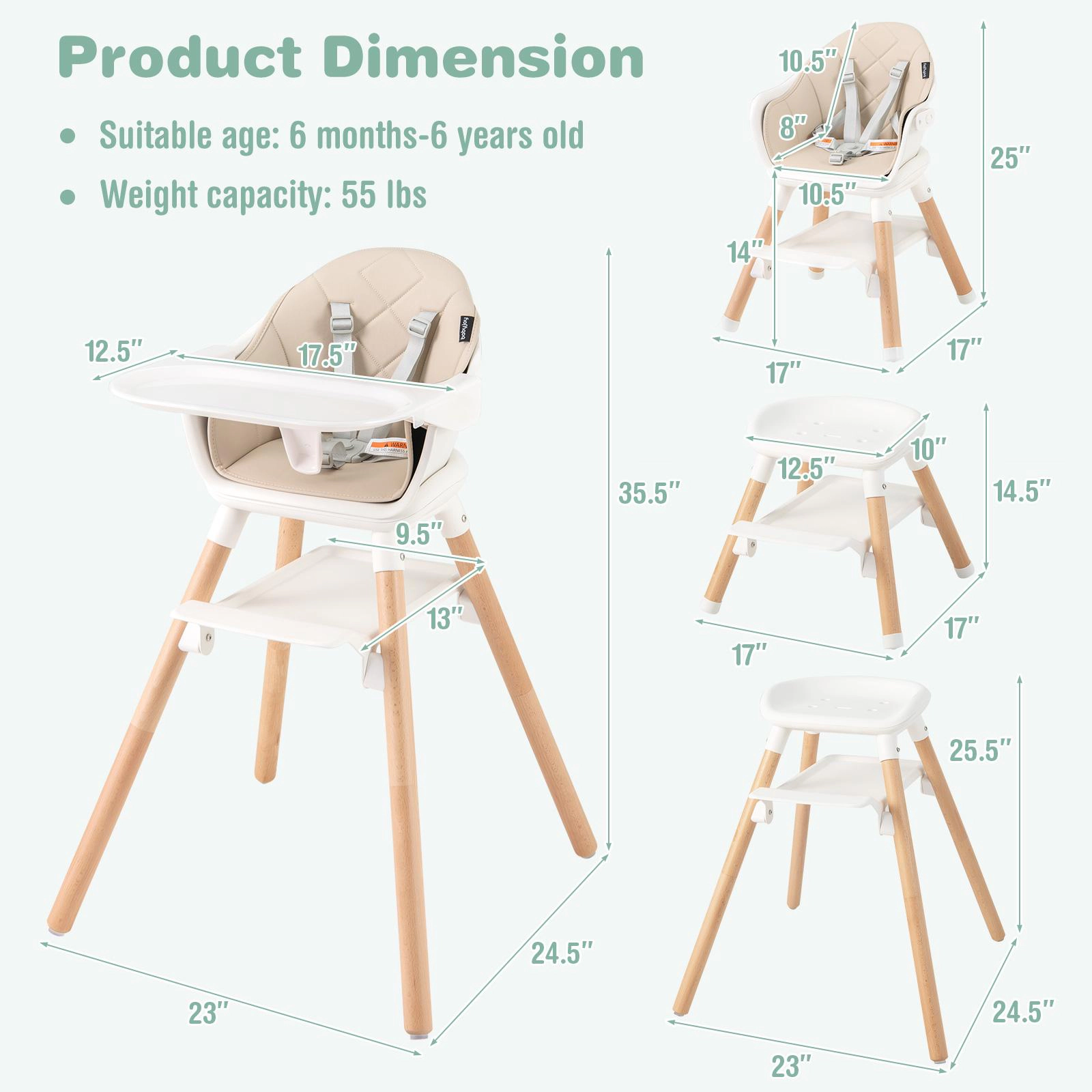 SUGIFT Removable Dishwasher Safe Double Tray and Beech Legs 6-in-1 Baby High Chair