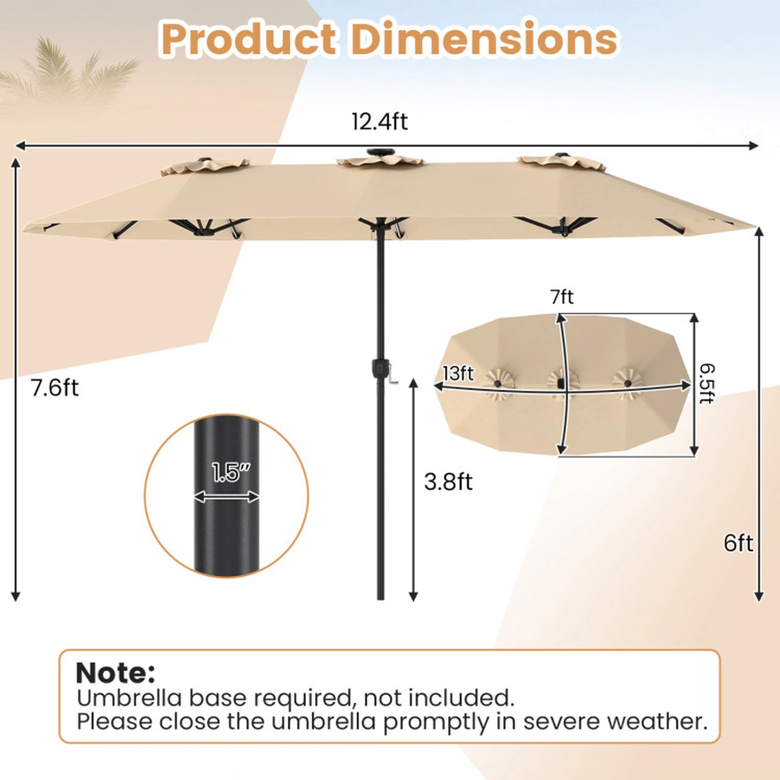 SUGIFT 13 ft Beige Rectangular Patio Umbrella, 108 Solar LED Lights, 12 Ribs, 3 Vents