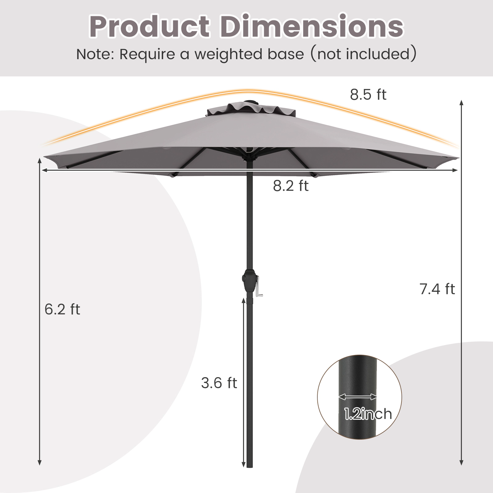 SUGIFT Powder-Coated Heavy Duty Market Patio Umbrella with Crank Handle and 8 Metal Ribs 9.5-lb Net Weight Gray