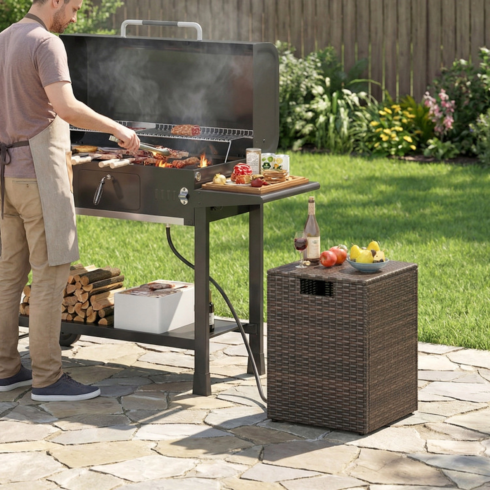 SUGIFT Brown PE Rattan Propane Tank Cover Side Table with Flip Lid 16-in W 16-in D 22.5-in H 80-lb Top Capacity