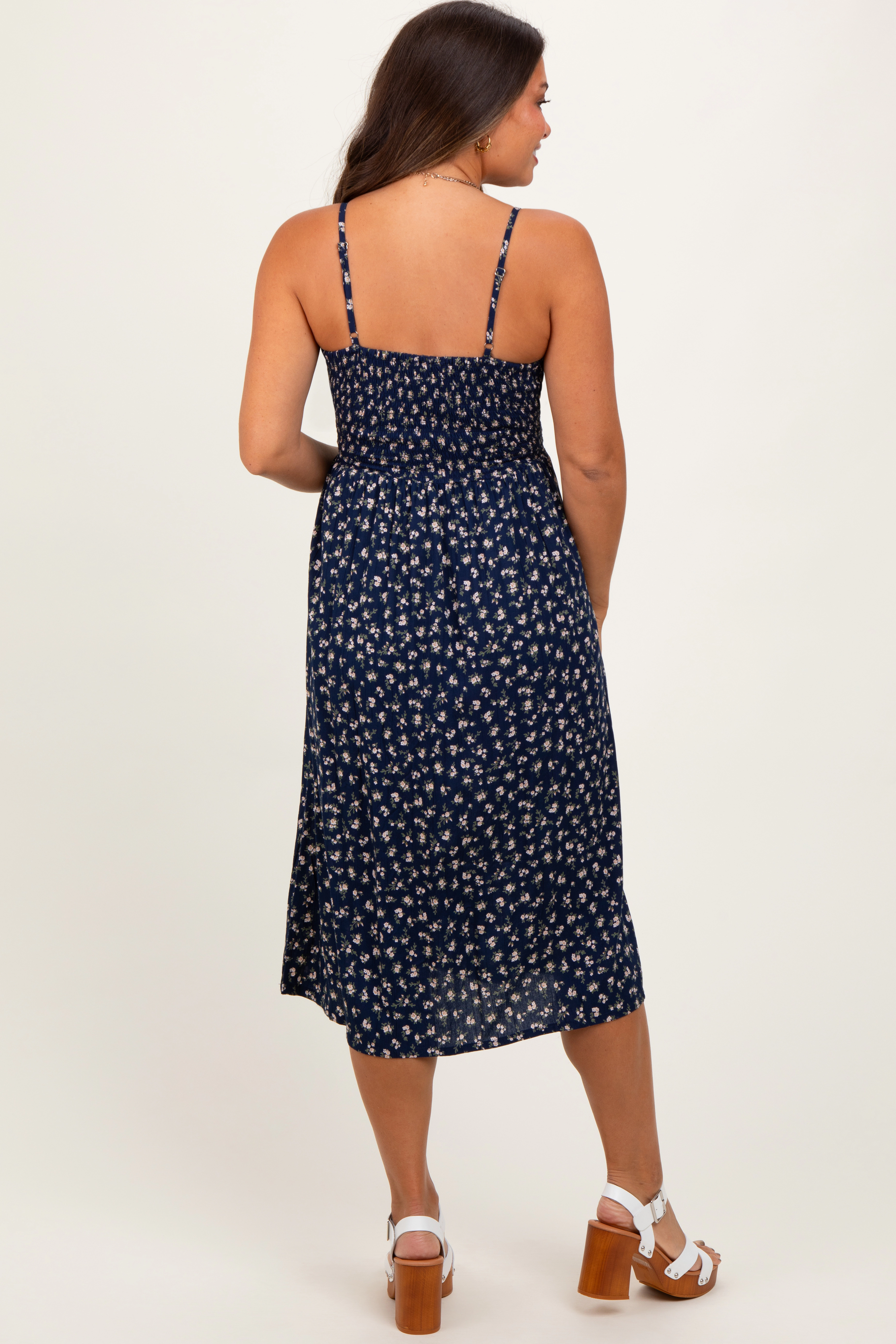 PinkBlush Womens Navy Floral Twist Front Cut Out Maternity Midi Dress