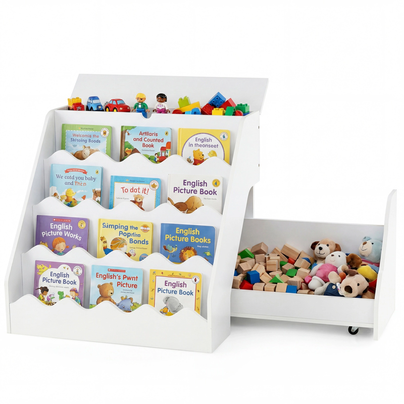 SUGIFT 2-in-1 24.5-in Kids Bookshelf and Rolling Toy Storage Organizer with Flip-Top Compartment and Drawer