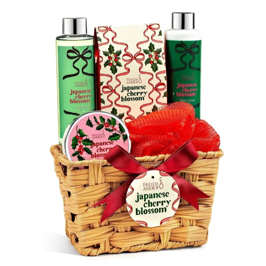 Freida and Joe Women Japanese Cherry Blossom Bath and Body Spa Gift Set in a Wicker Basket