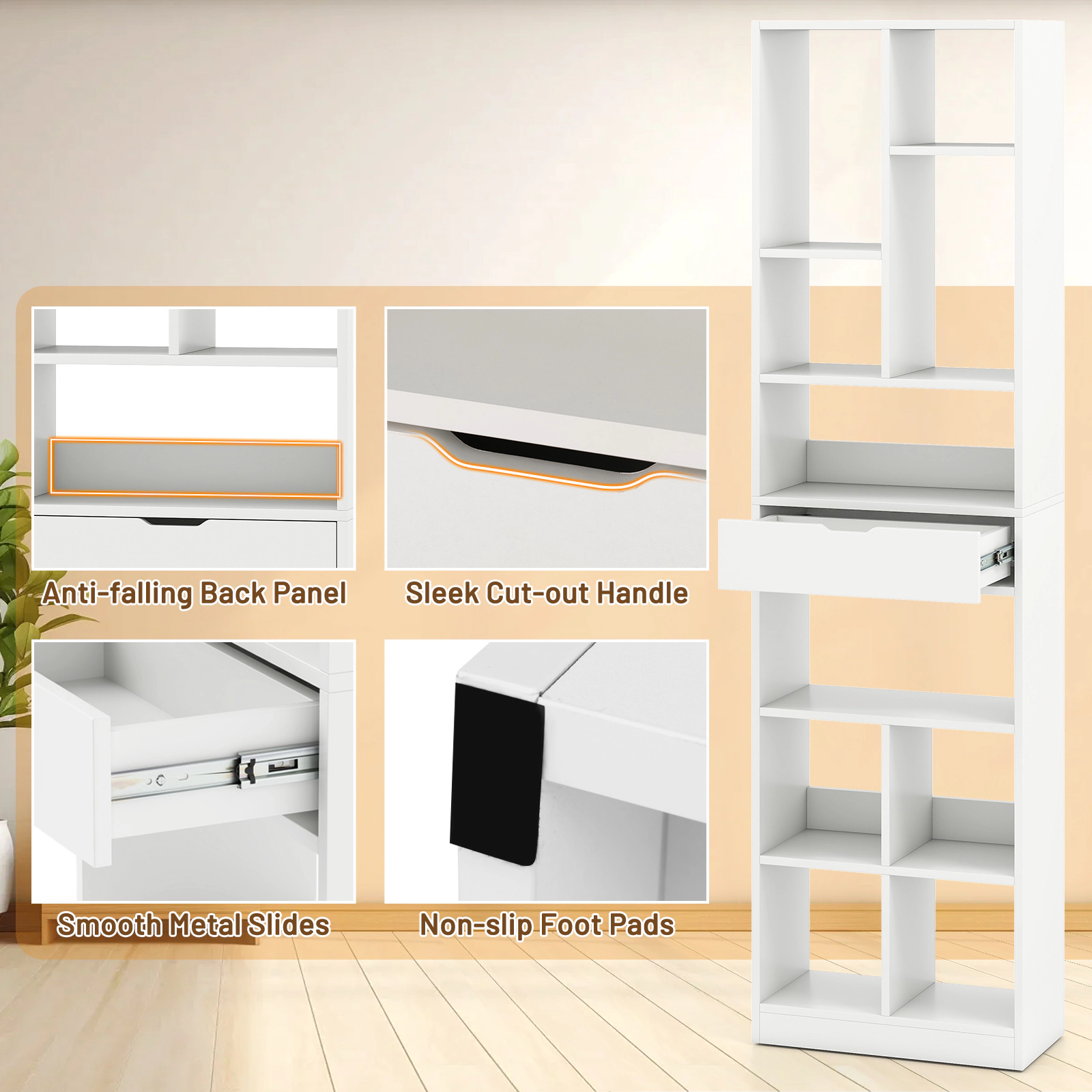 SUGIFT White 7-Tier Bookshelf 71 in with 10 Open Cubes and Storage Drawer