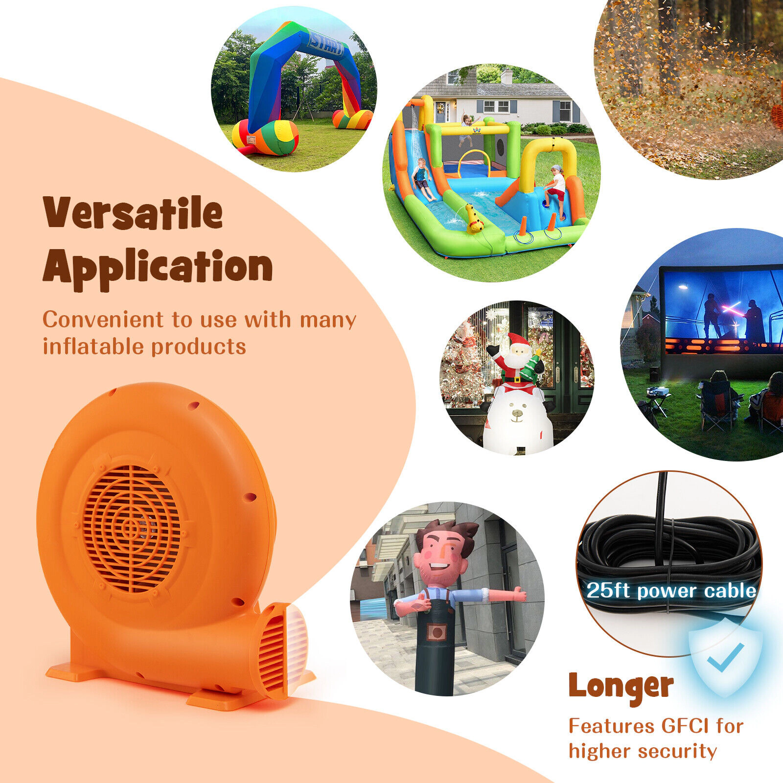 SUGIFT Orange 750W Air Blower for Kids Bounce House with 25-ft Cord and Ground Fault Plug 15-in W 10-in D 15-in H