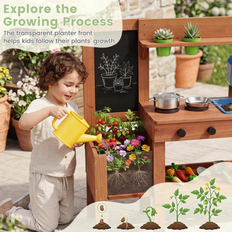 Hivvago Kids Mud Kitchen with Planter Box and Sink and 13 Accessories