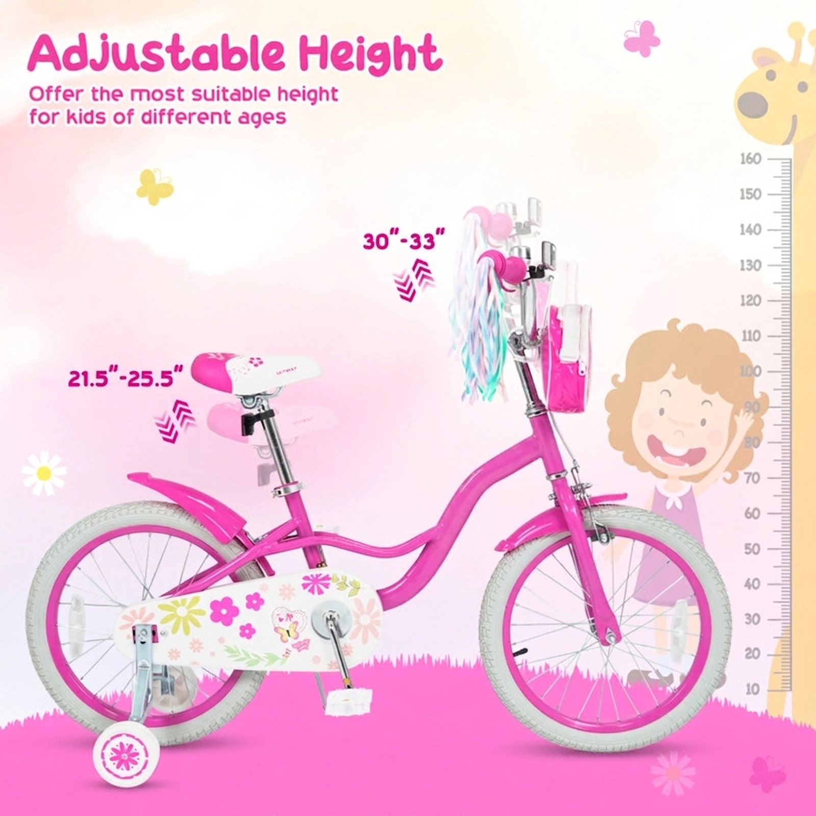 SUGIFT Pink Training Wheels Front Bag and Streamers Girls Bike