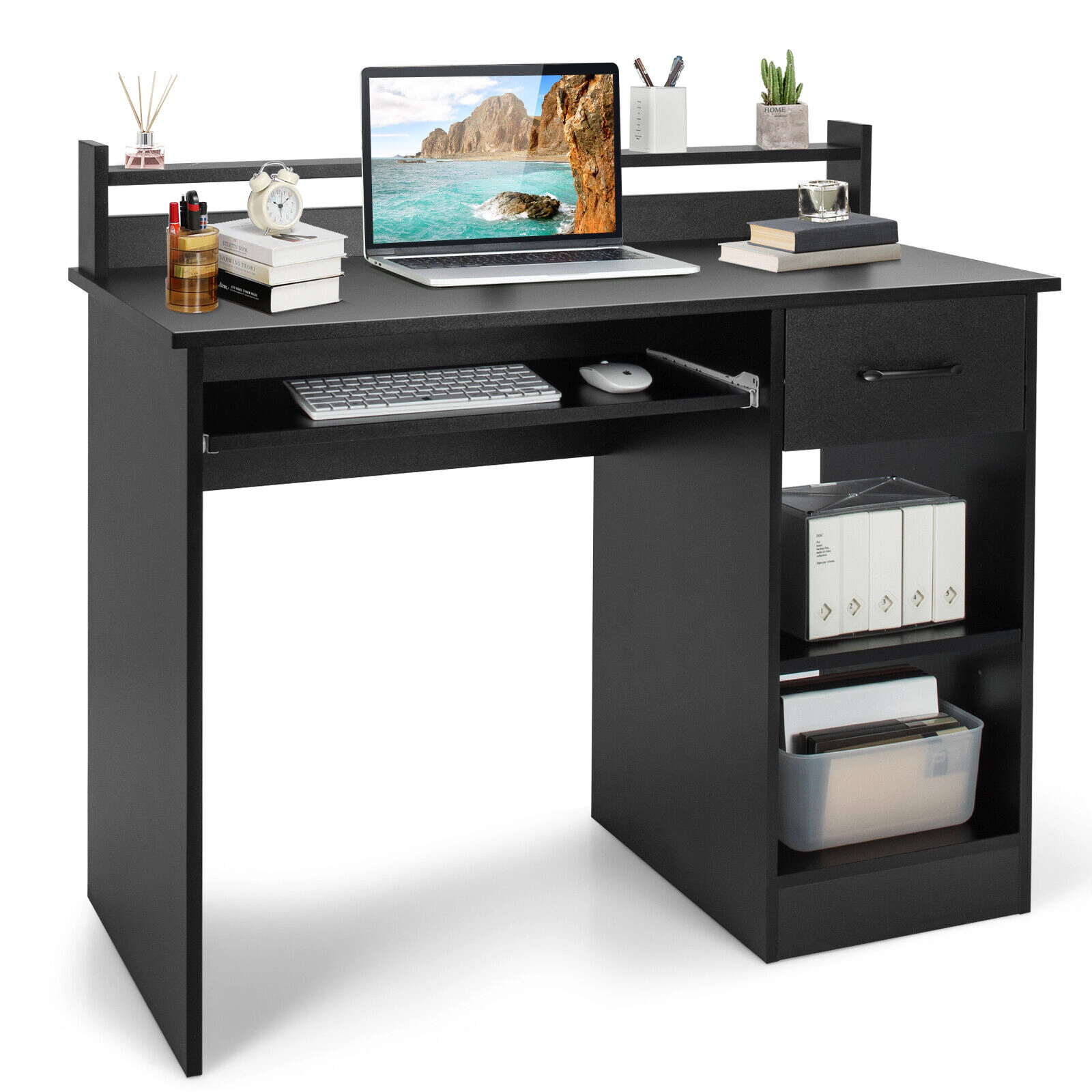 SUGIFT Black Deep Drawer Keyboard Tray and Adjustable Shelf 41.5 Inch Study Laptop Desk