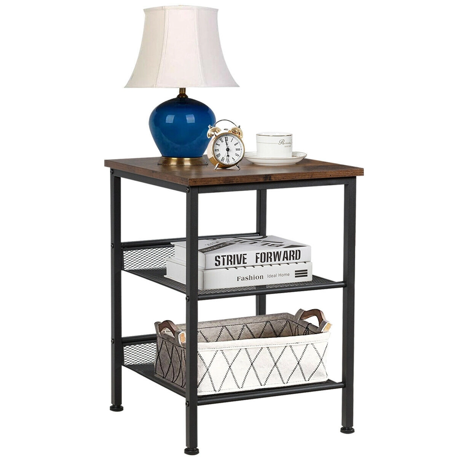 SUGIFT Adjustable Mesh Shelves 3-Tier Rustic Brown Industrial End Table