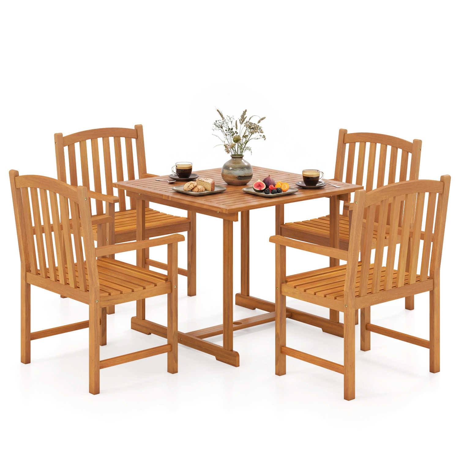 LJG 5-Piece Outdoor Square Patio Dining Set for 4 with Acacia Table & Armchairs