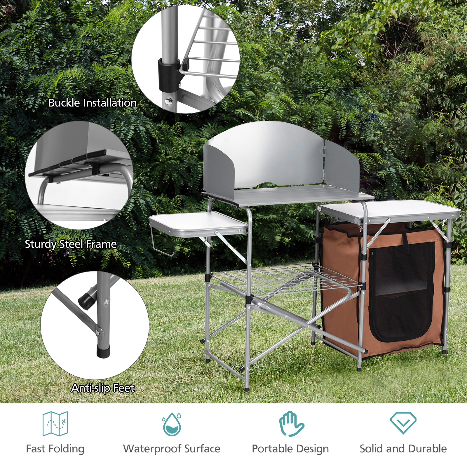 LJG Foldable Outdoor BBQ Portable Grilling Table with Windscreen Bag
