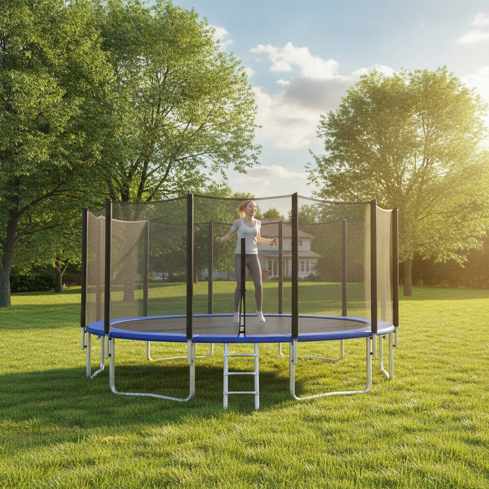 16-ft Trampoline Net Replacement 6-ft Tall Enclosure for 12 Straight Poles to 2.15-in Double-Zipper Door Black