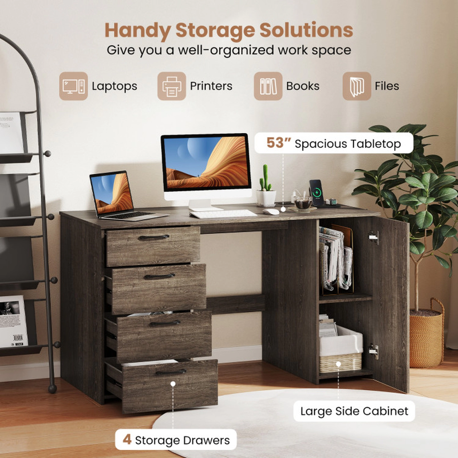 SUGIFT Gray Power Outlets 4 Storage Drawers and Adjustable Shelf 53 Inch Computer Desk