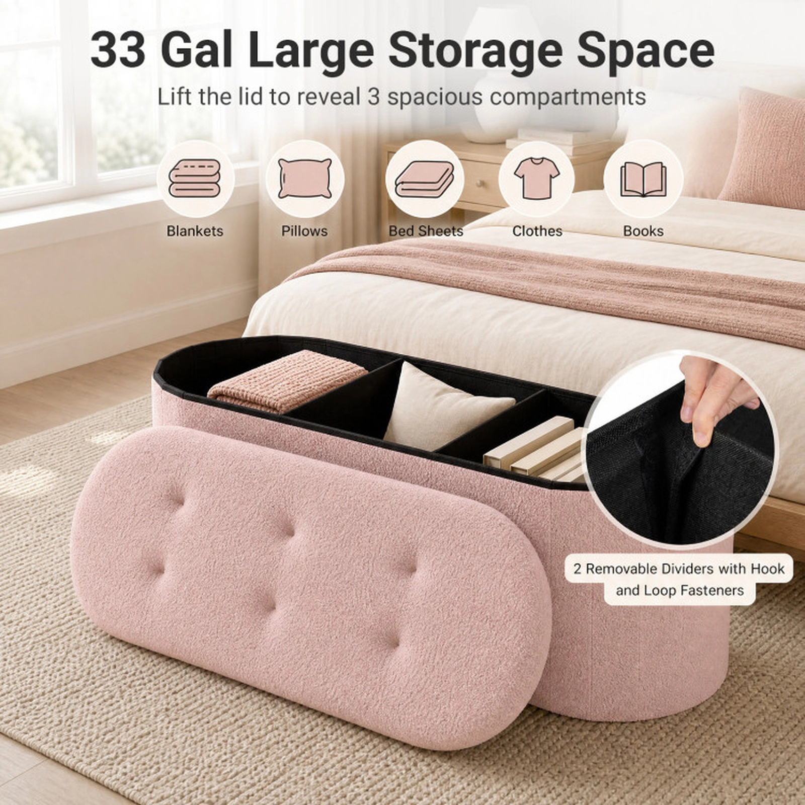 SUGIFT 43-in 330-lb Capacity Pink Folding Teddy Fleece Storage Ottoman Bench with 3 Compartments