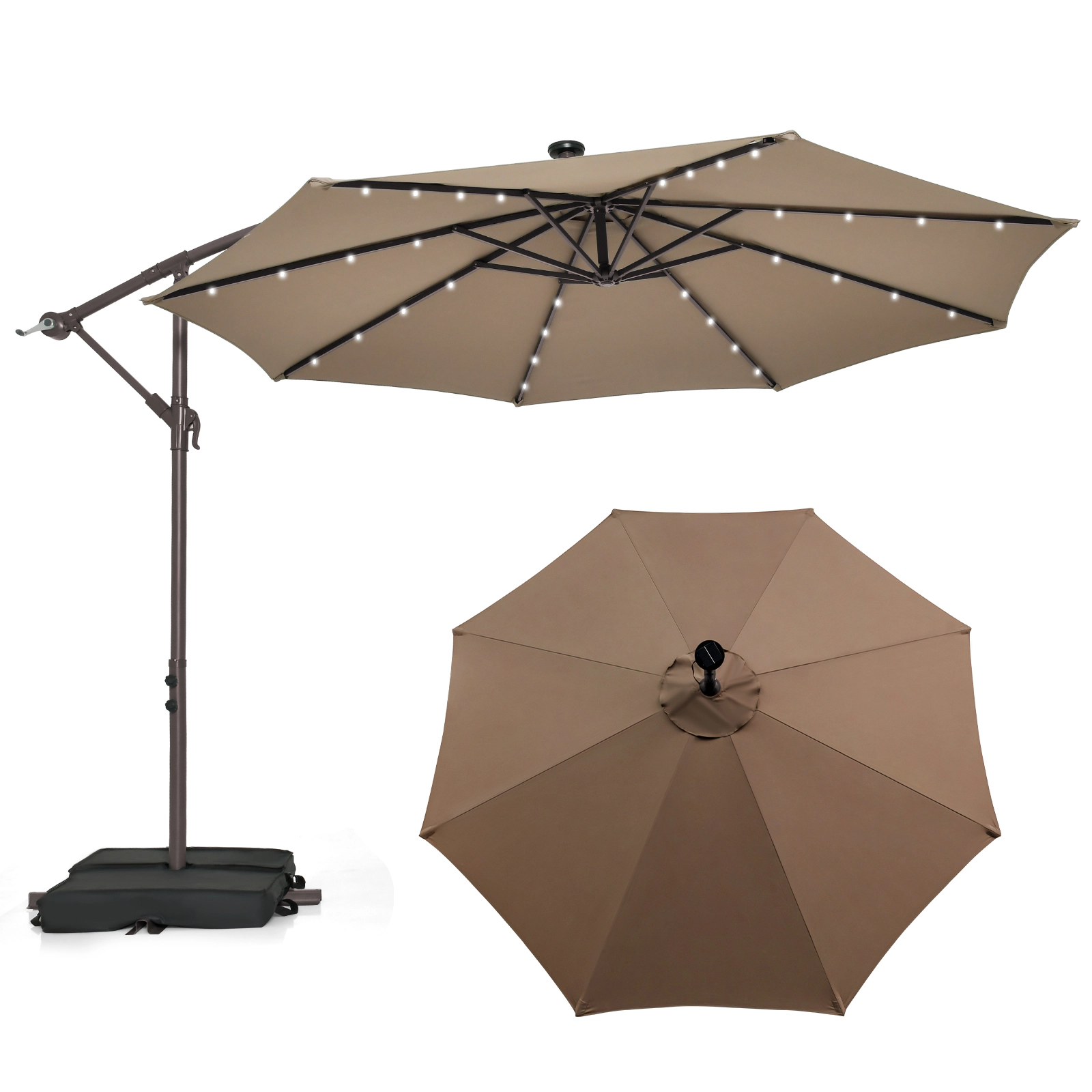 SUGIFT 10-ft Tan Solar LED Offset Cantilever Patio Umbrella with Crank Lift 90-Degree Tilt and Sand Base
