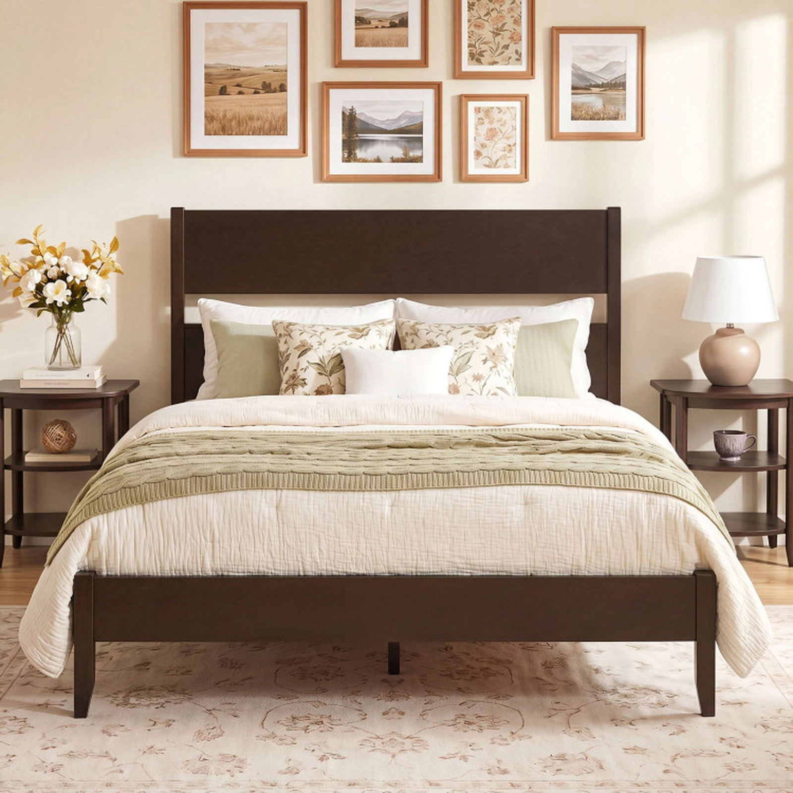 SUGIFT Full Bed Frame with Solid Wood Legs 800-Lb Capacity 79.5-in Frame Dark Walnut Warm Brown