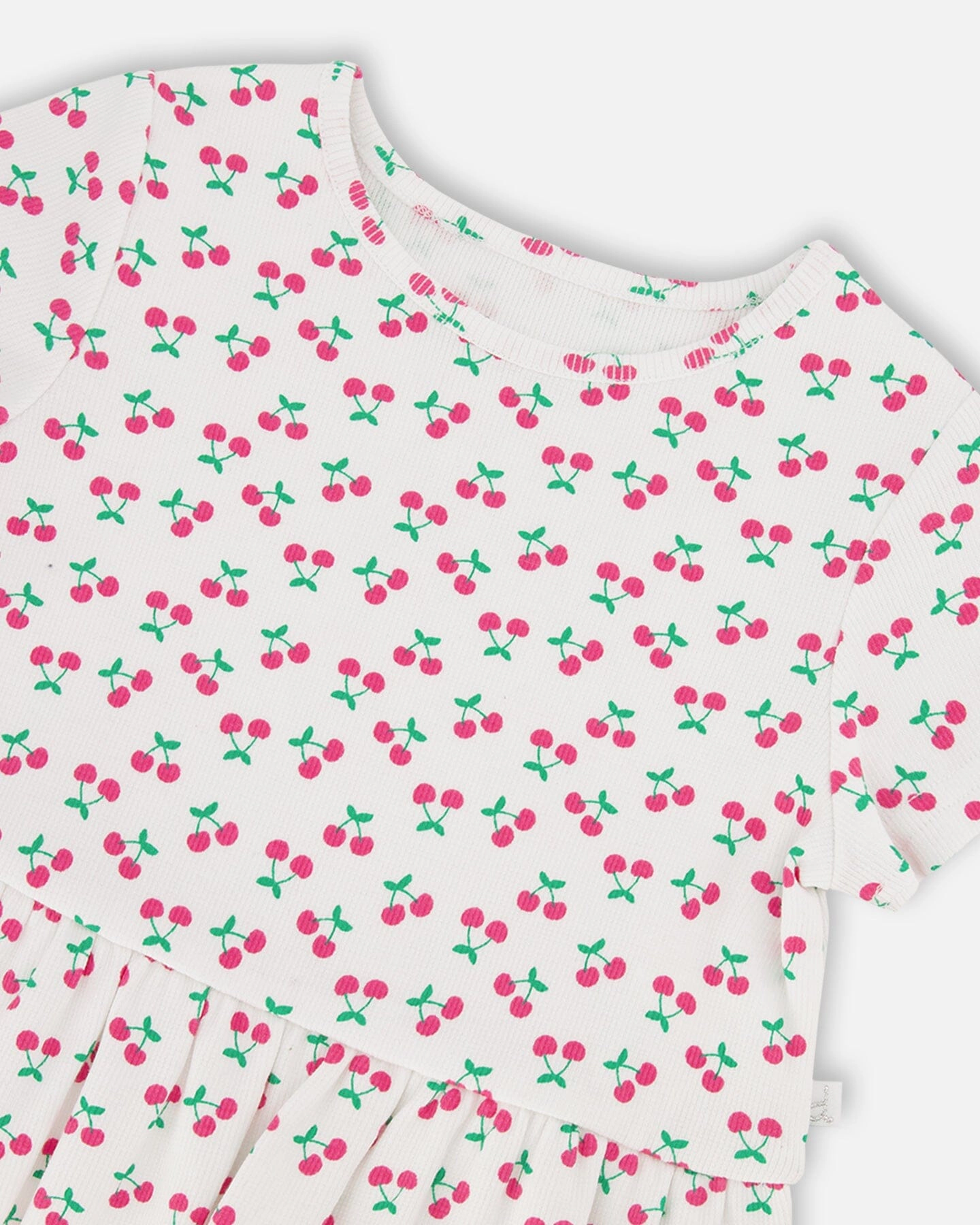 Deux par Deux Girls Rib Crop T-Shirt with Frill Printed Cheeries