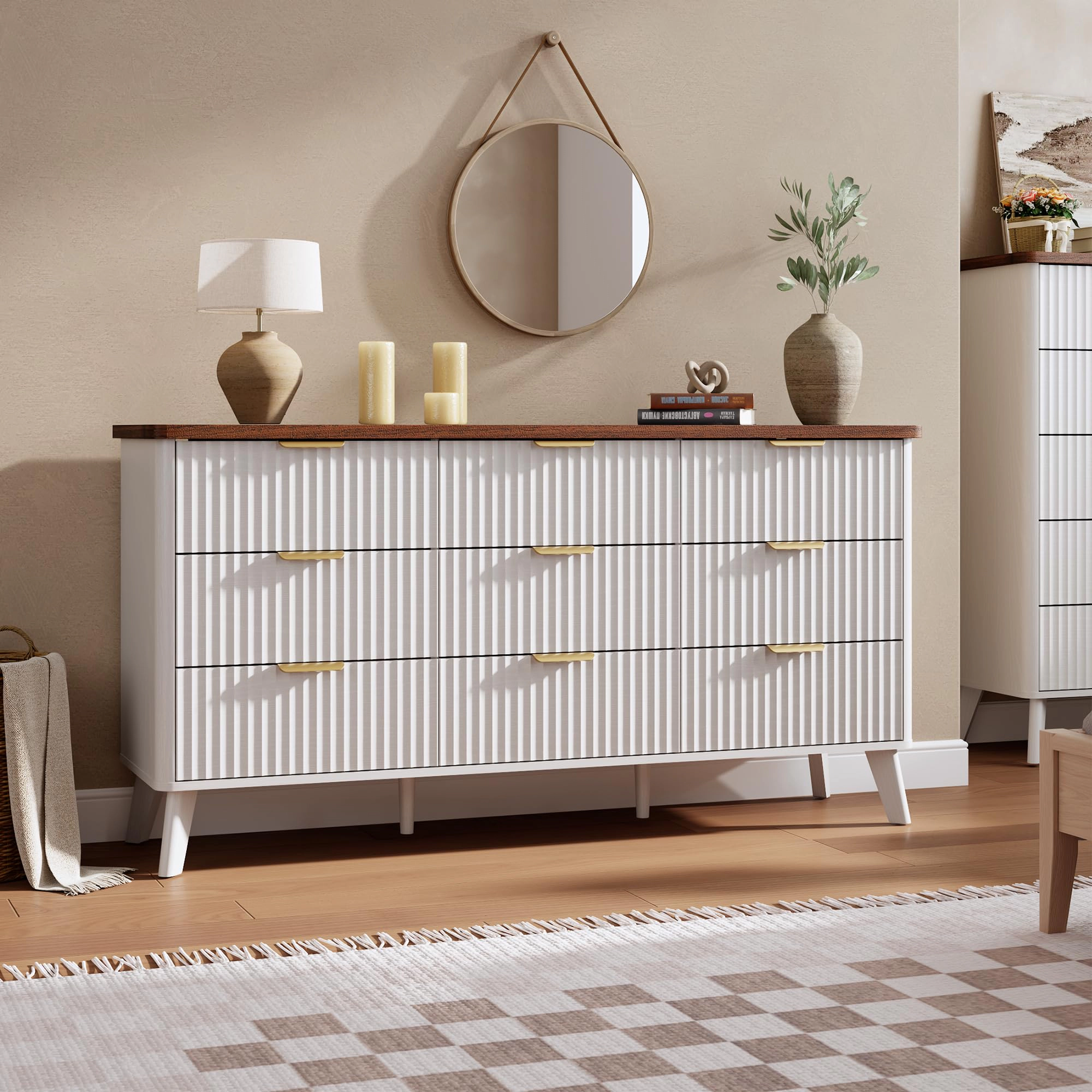 Fluted 9 Drawer Dresser, Curved Profile Design 60.6" Wide  Wooden Chest & TV Stand for Bedroom Living Room