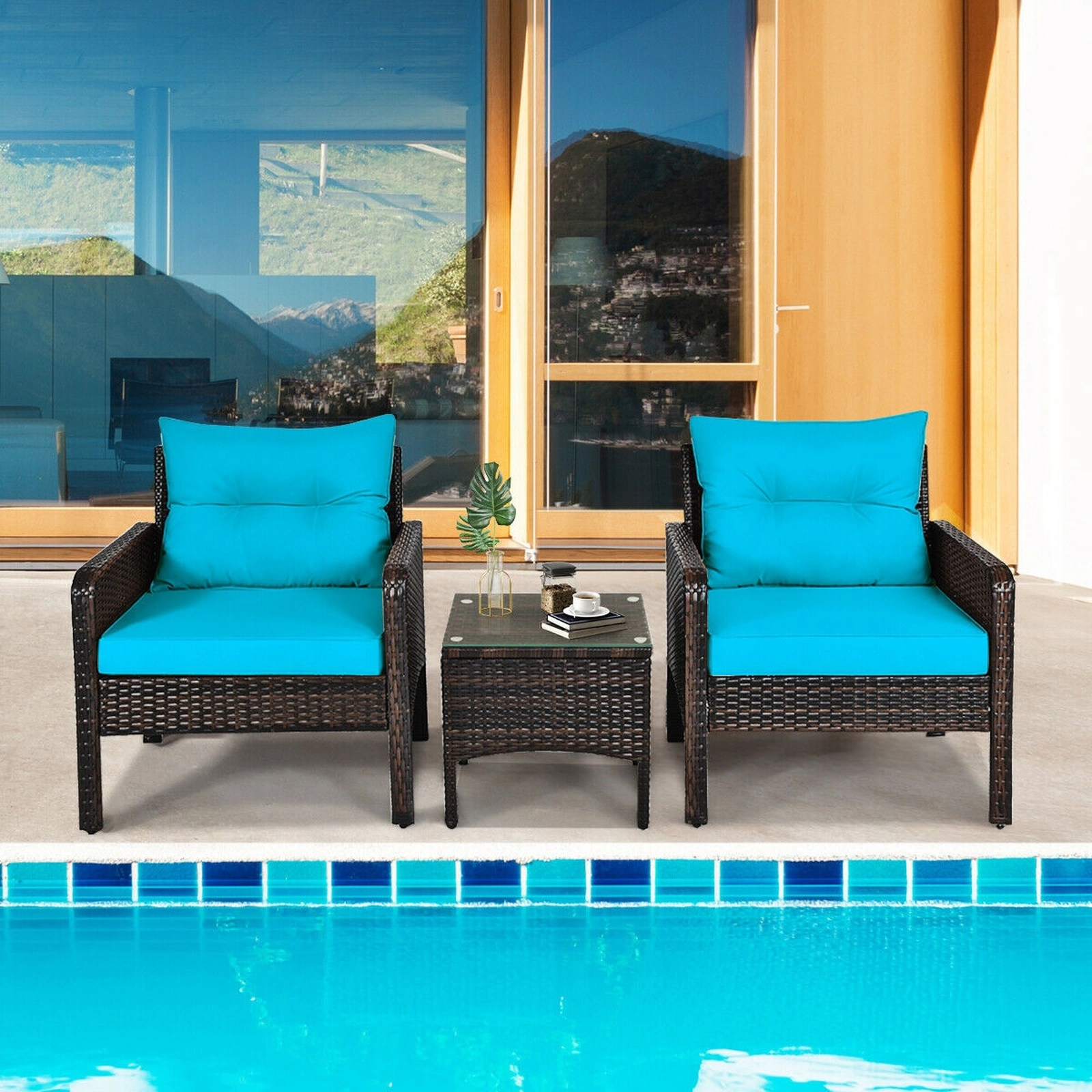 SUGIFT 3-Piece Turquoise Outdoor Wicker Patio Conversation Set with Glass Table