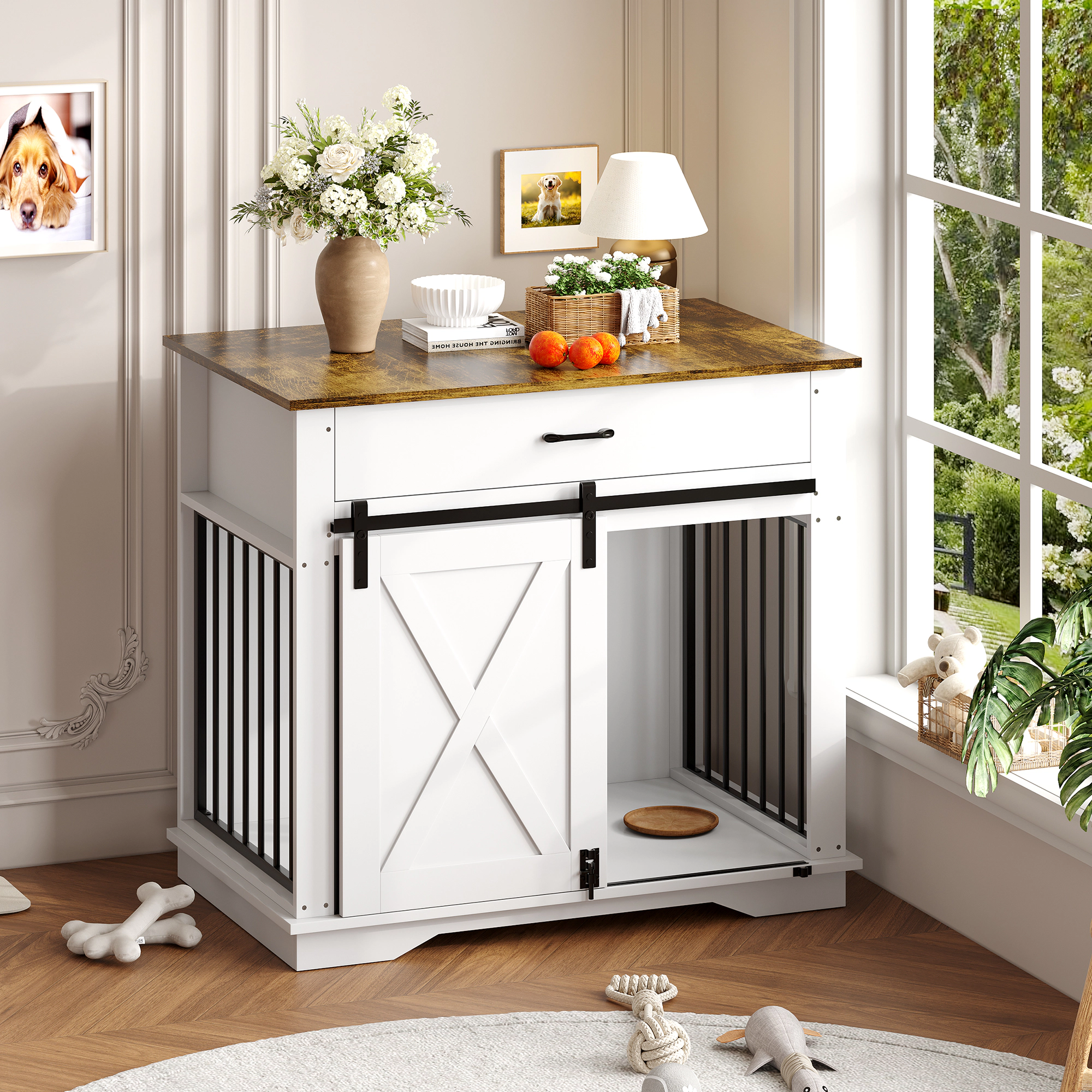 38" Farmhouse Style Dog Crate Furniture with Sliding Barn Door, Storage Drawer & Pet Cage Side Table