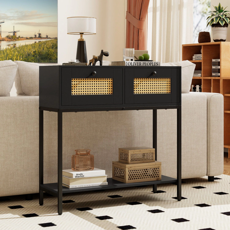 Hivvago Rattan Console Table Boho Entryway With 2 Drawers And Open Storage Shelf