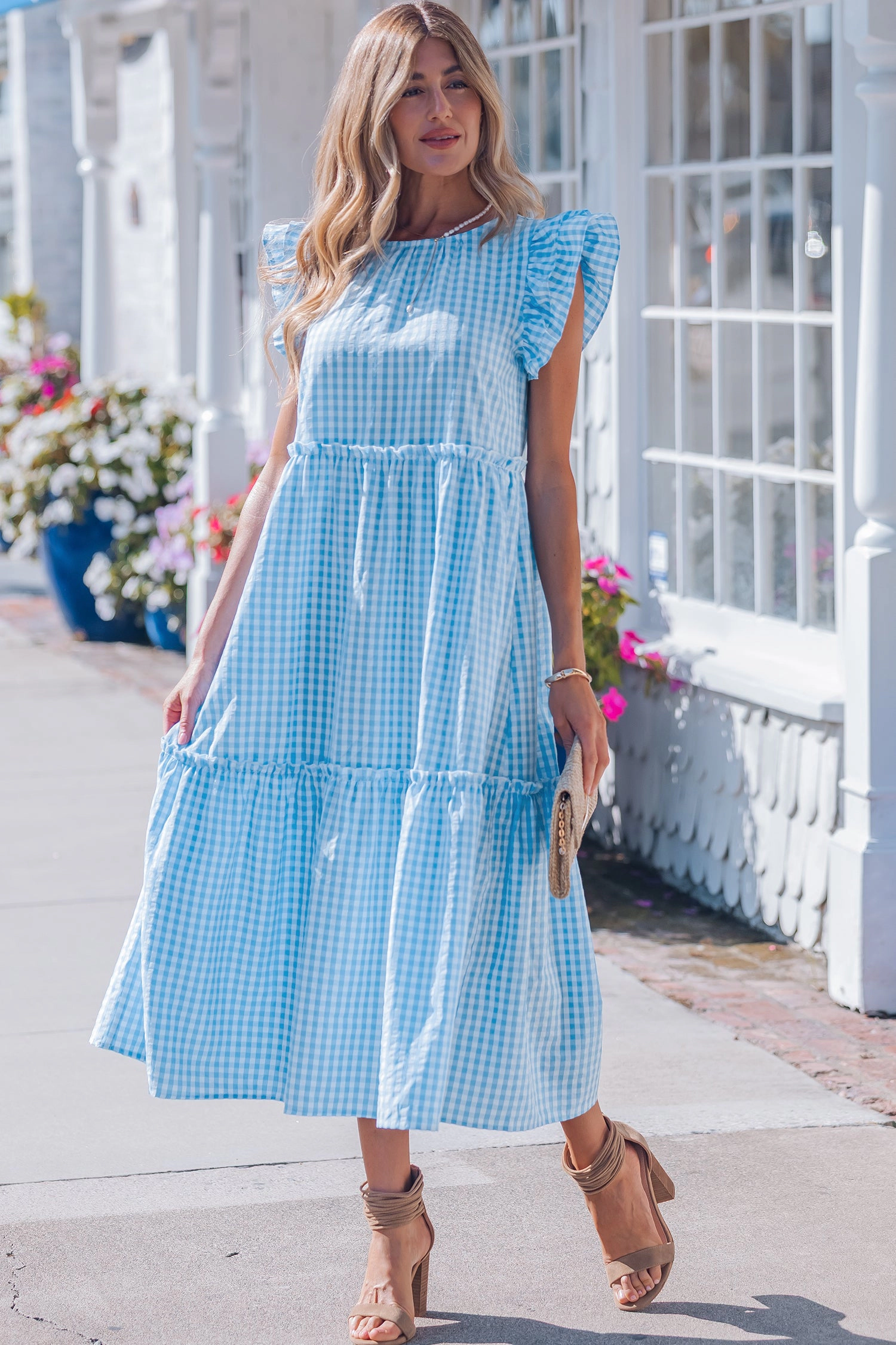 Threaded Pear Womens Deborah Sleeve Gingham Maxi Dress - Sky Blue
