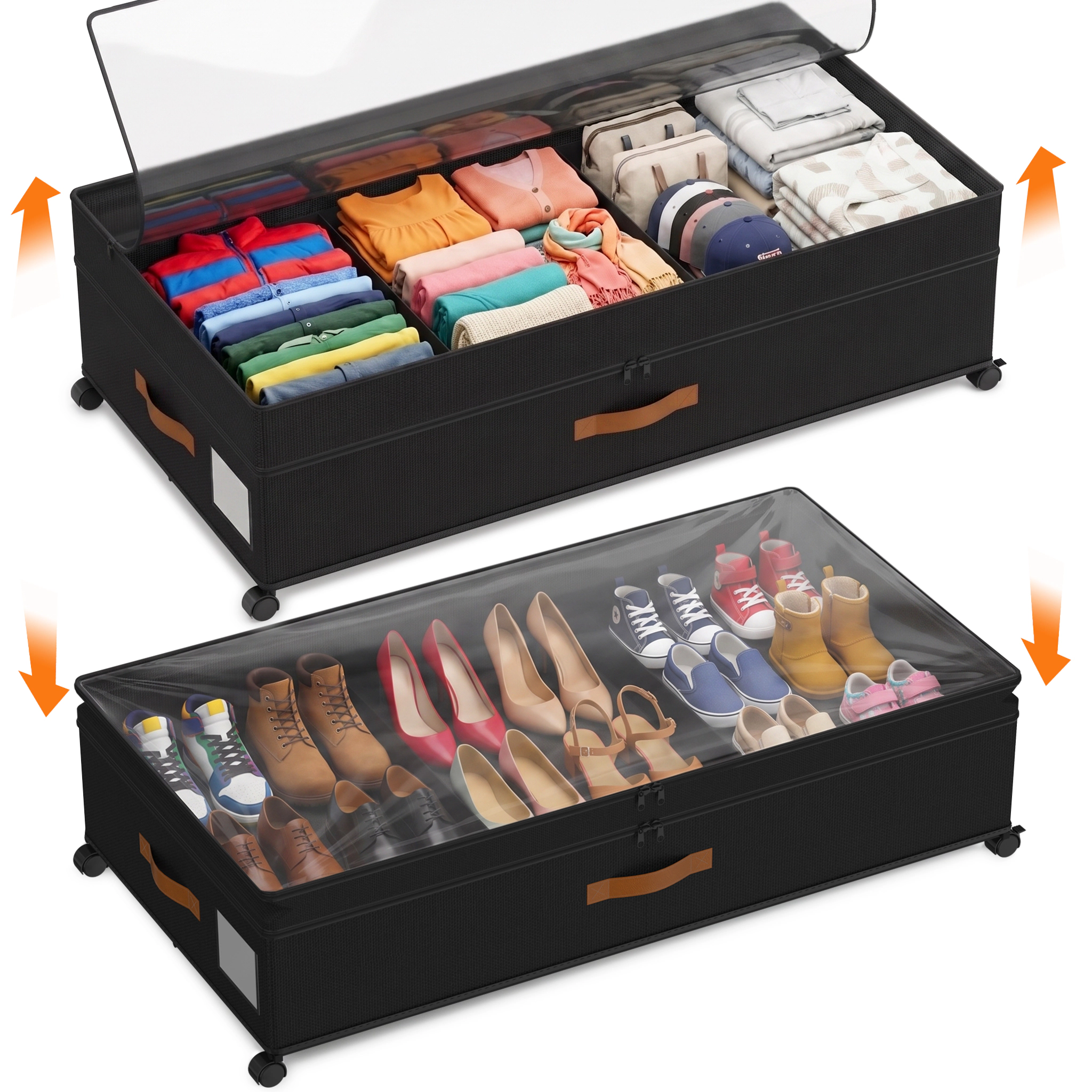 Mega Casa Underbed Storage Containers with Wheels, Fabric Under Bed Toy Organizer with Clear Lid, 2-Pack