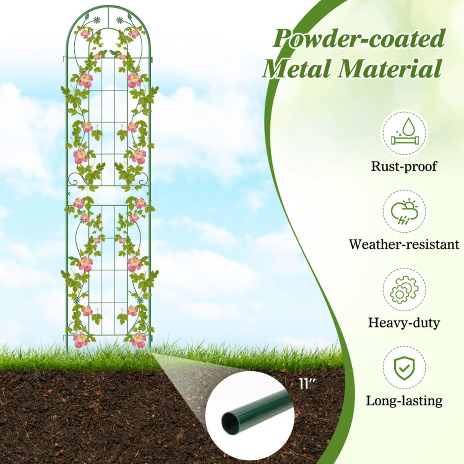SUGIFT 2-Pack Galvanized Steel Garden Trellis for Climbing Plants 86.5 x 20 in Panels with Ground Stakes Green