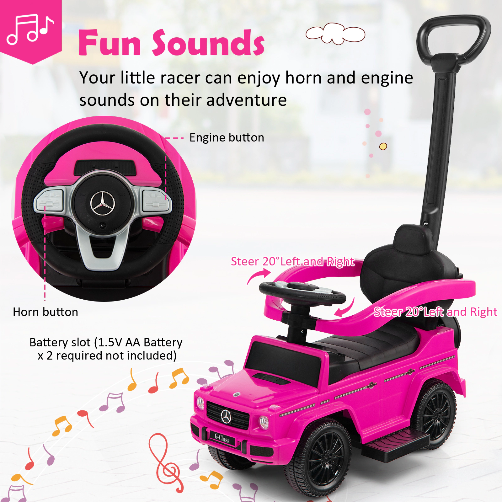 3-in-1 Toddler Push Car Pink Retractable Footrest Canopy Horn Engine Sounds Baby Stroller 18-36 Months 55-lb Limit