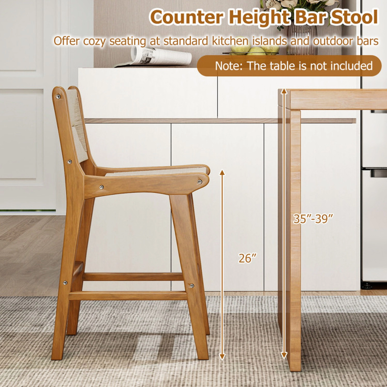 SUGIFT Natural Woven Paper Rope and Teak Frame Set of 2 Outdoor Counter Height Bar Stools