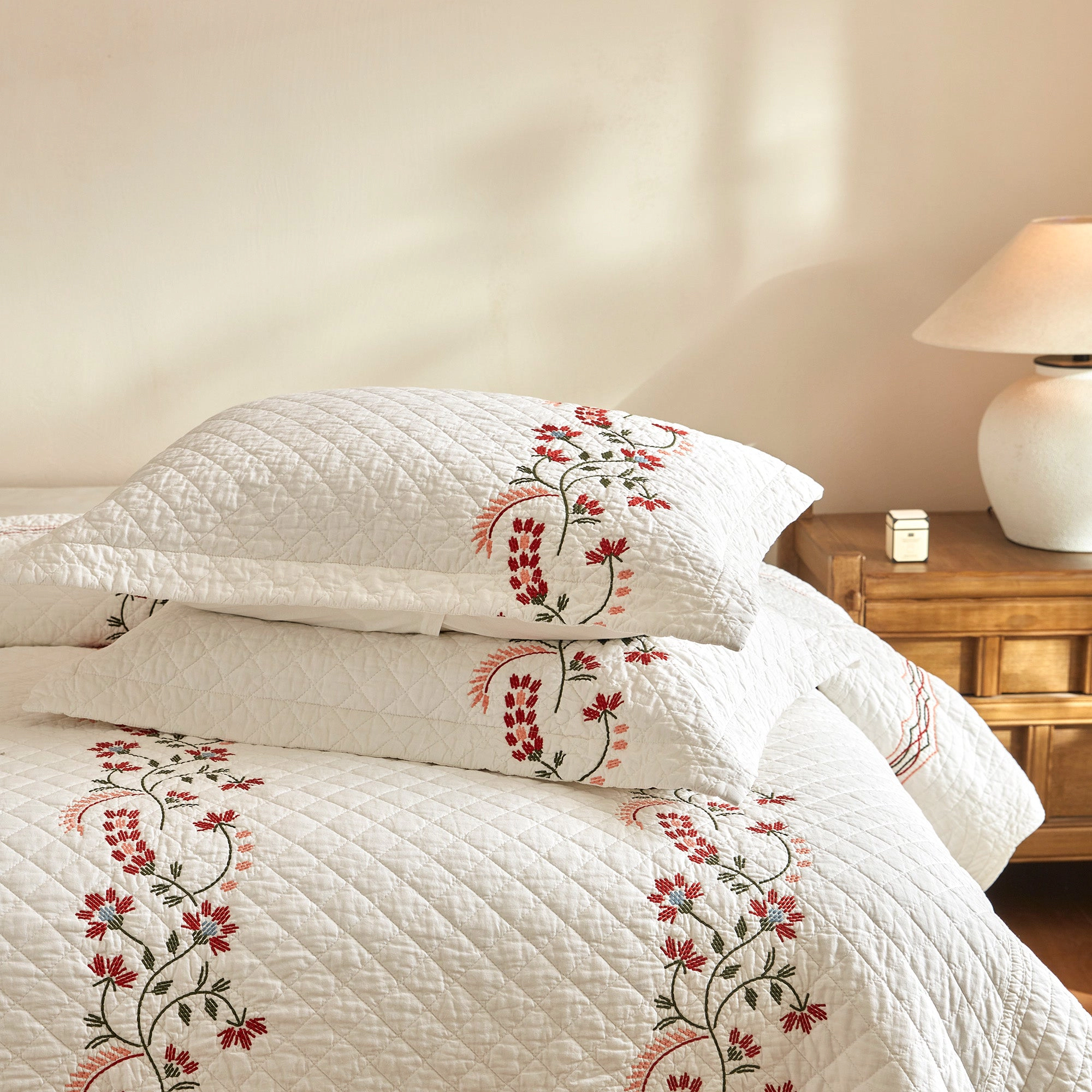 MarCielo 3 Piece 100% Cotton Embroidered Quilt Set – Farmhouse Bedspread Set