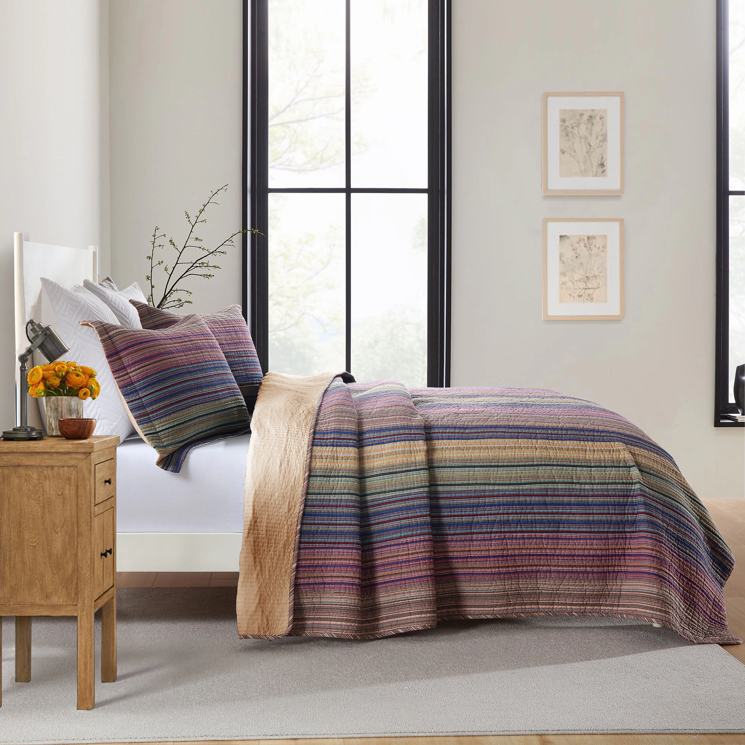 MarCielo 3 Pieces 100% Cotton Striped Quilt Bedspread Set-Soft Lightweight Bedding