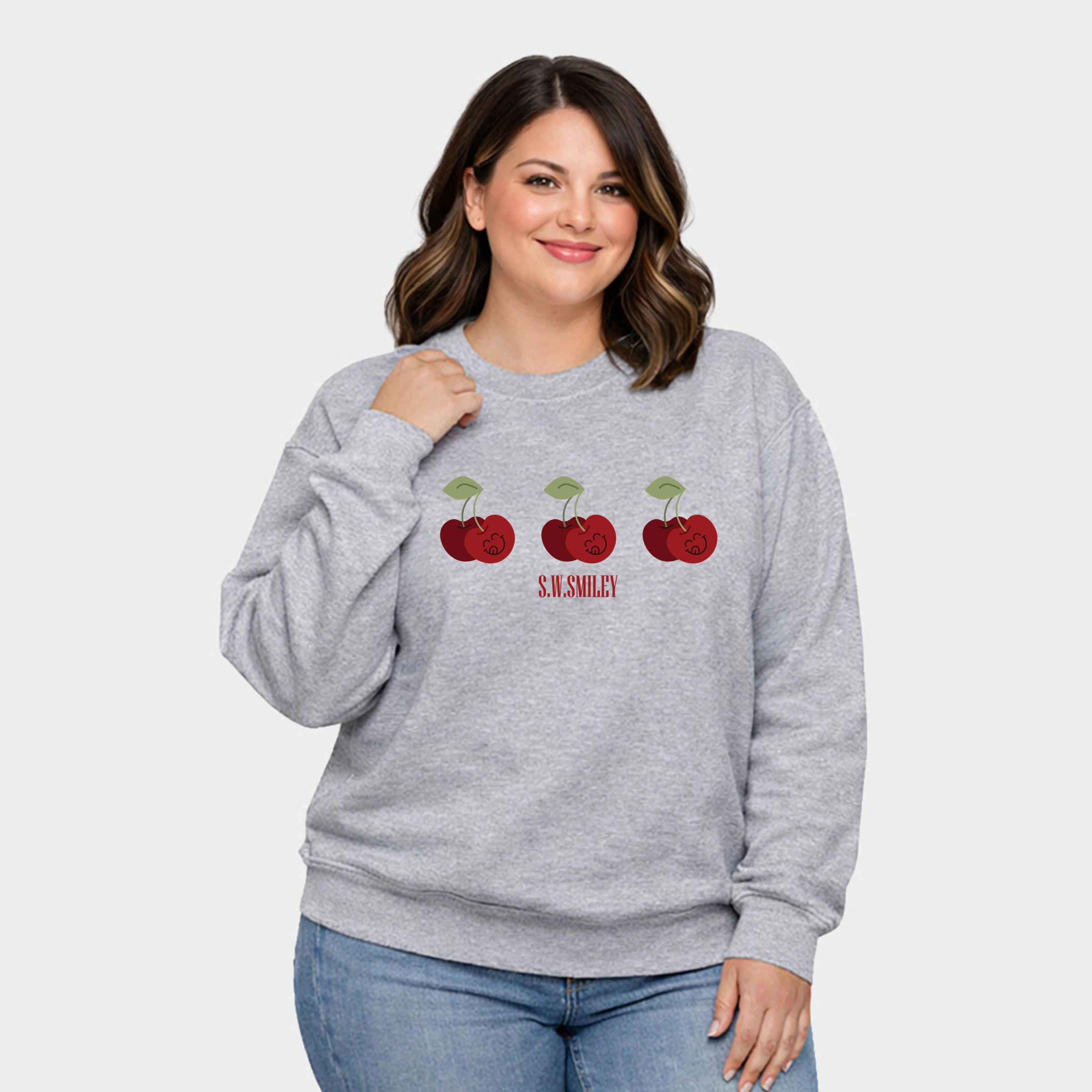 Simply Sage Market - Women's Plus Sized Graphic Sweatshirt S.W.Smiley Cherry Face Row