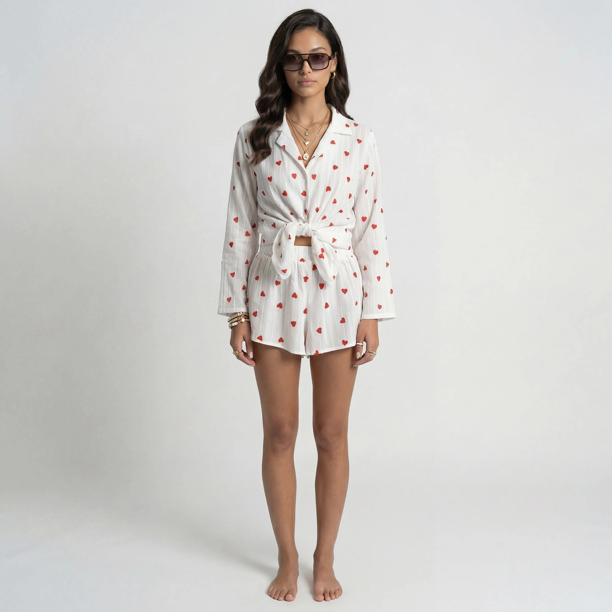 Anna-Kaci Women's Valentine Long Sleeve Heart Print Tie Front Top and Matching Shorts Loungewear Set