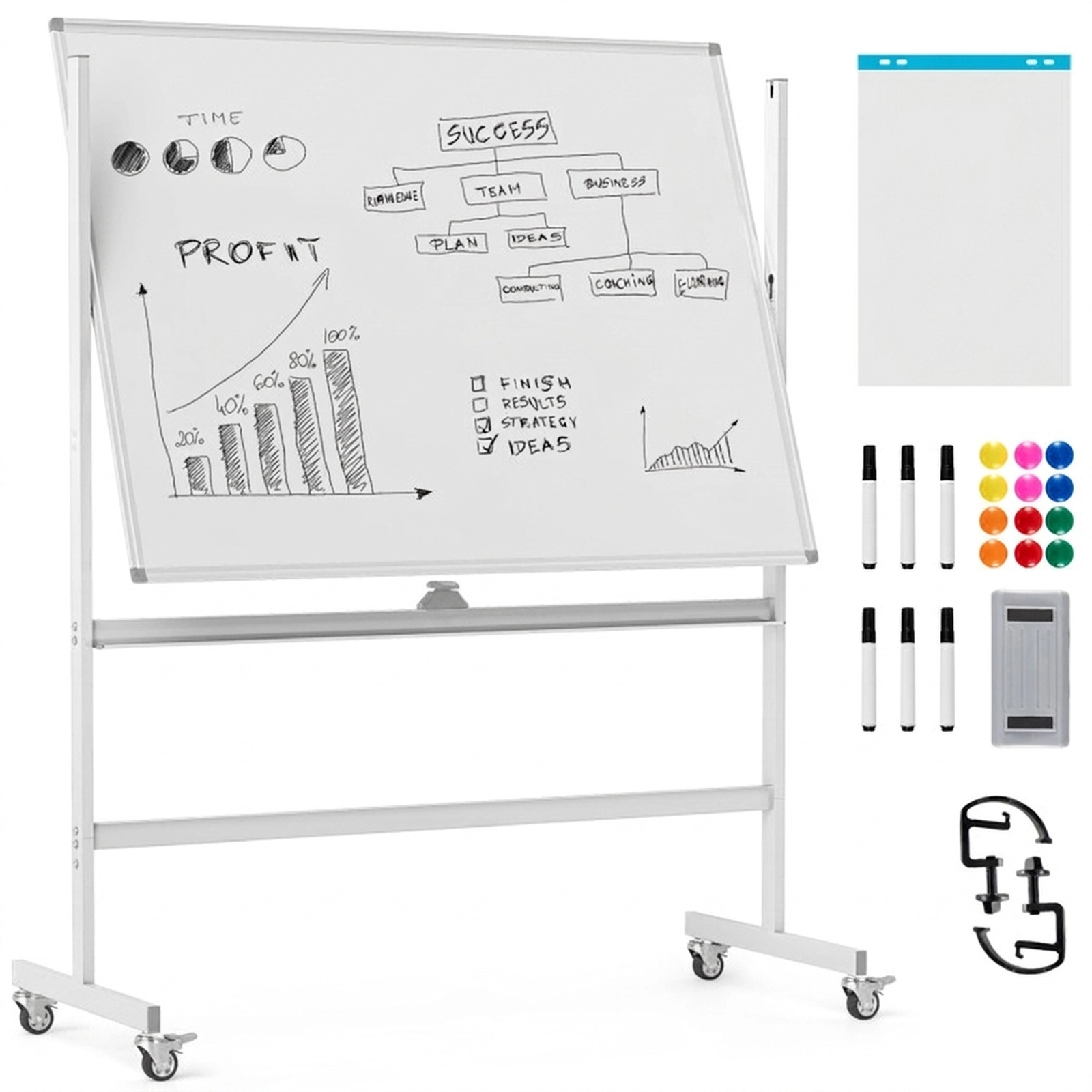 SUGIFT 48-in x 36-in Double-Sided Magnetic Dry Erase Board Rolling Whiteboard 50-in x 21.5-in x 63-in 2 Heights White