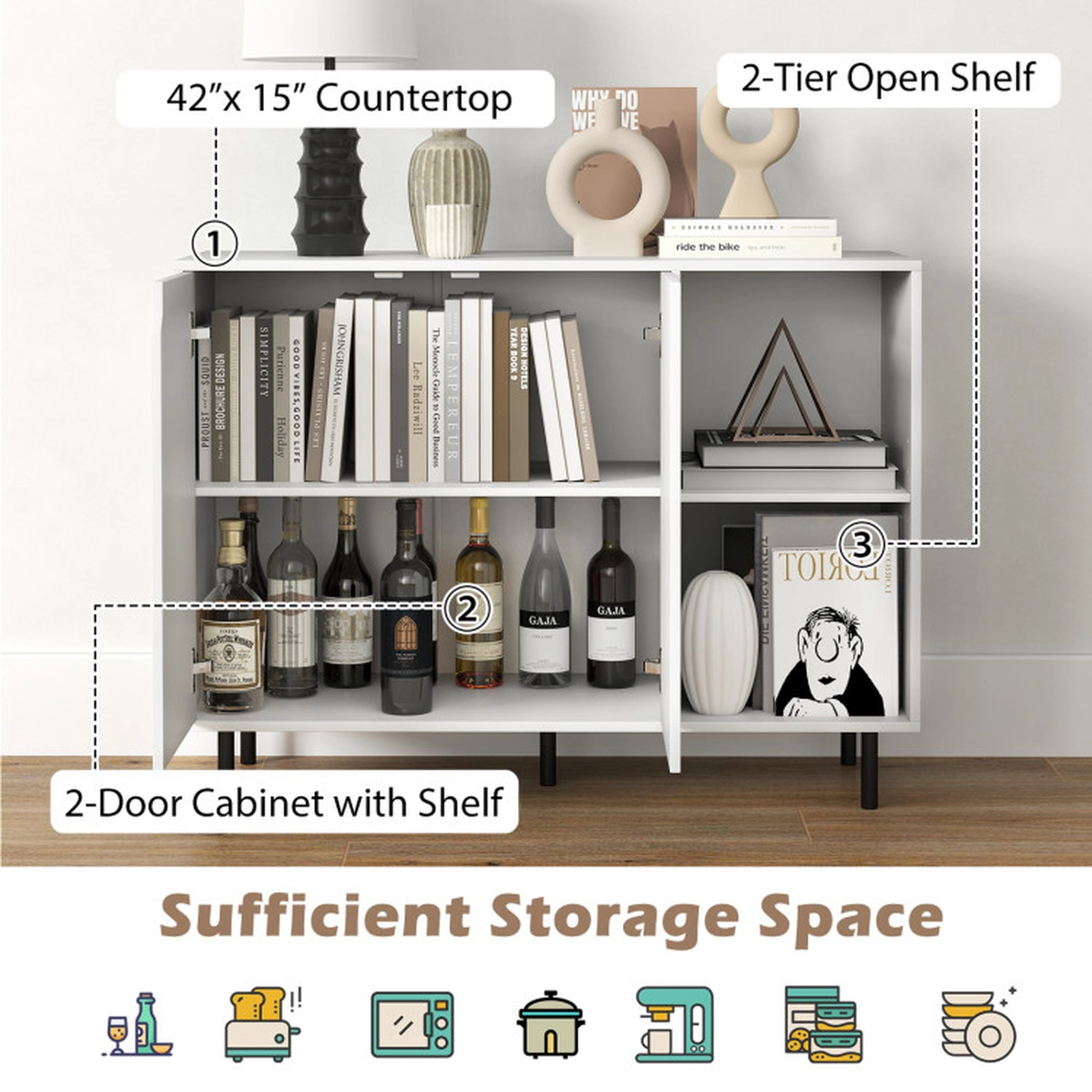 SUGIFT 42-in 200-lb Countertop White Sideboard Buffet Cabinet with 5-Level Adjustable Shelves and Metal Legs