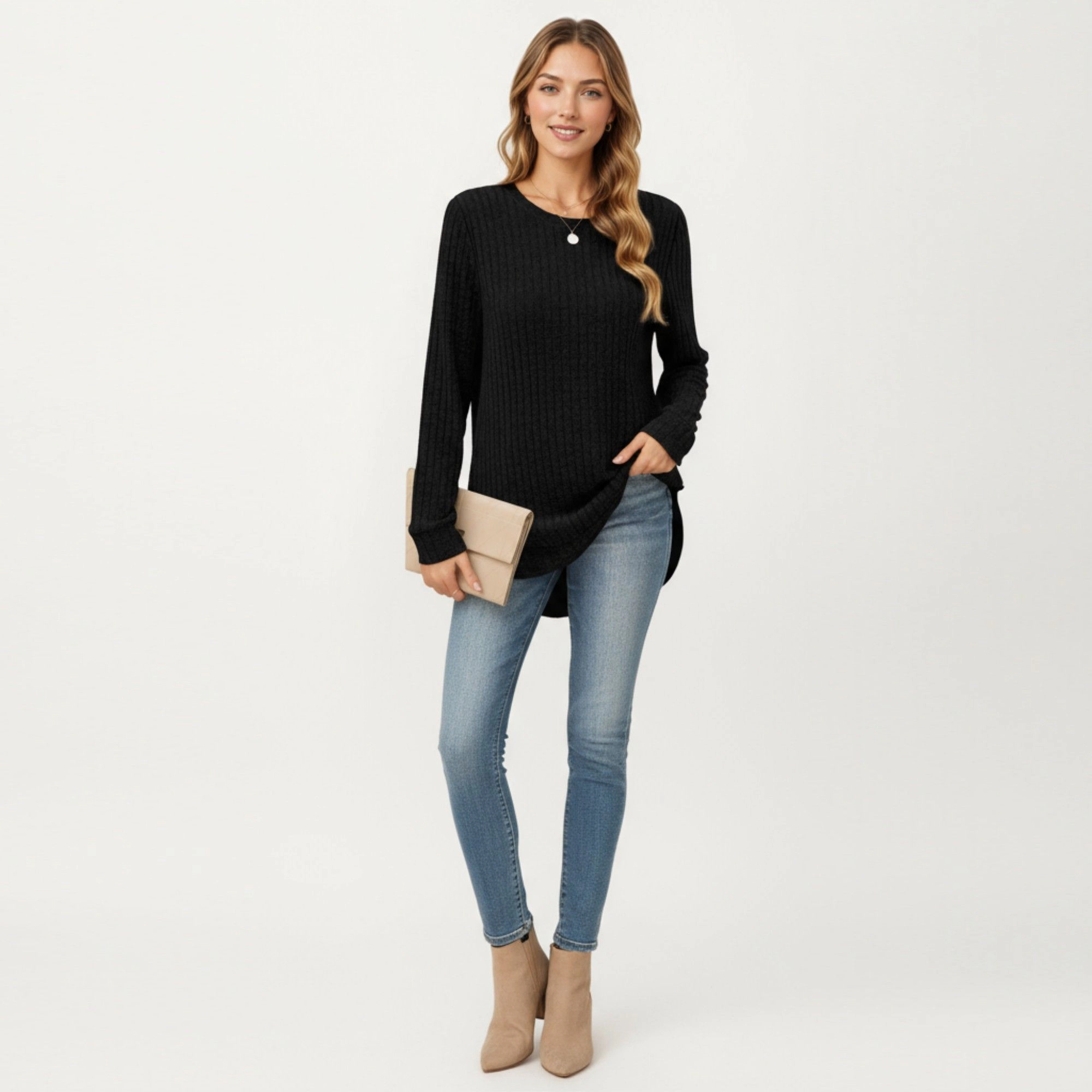 Anna-Kaci Women's Ribbed Rounded Hem Relaxed Fit Long Sleeve Knit Top
