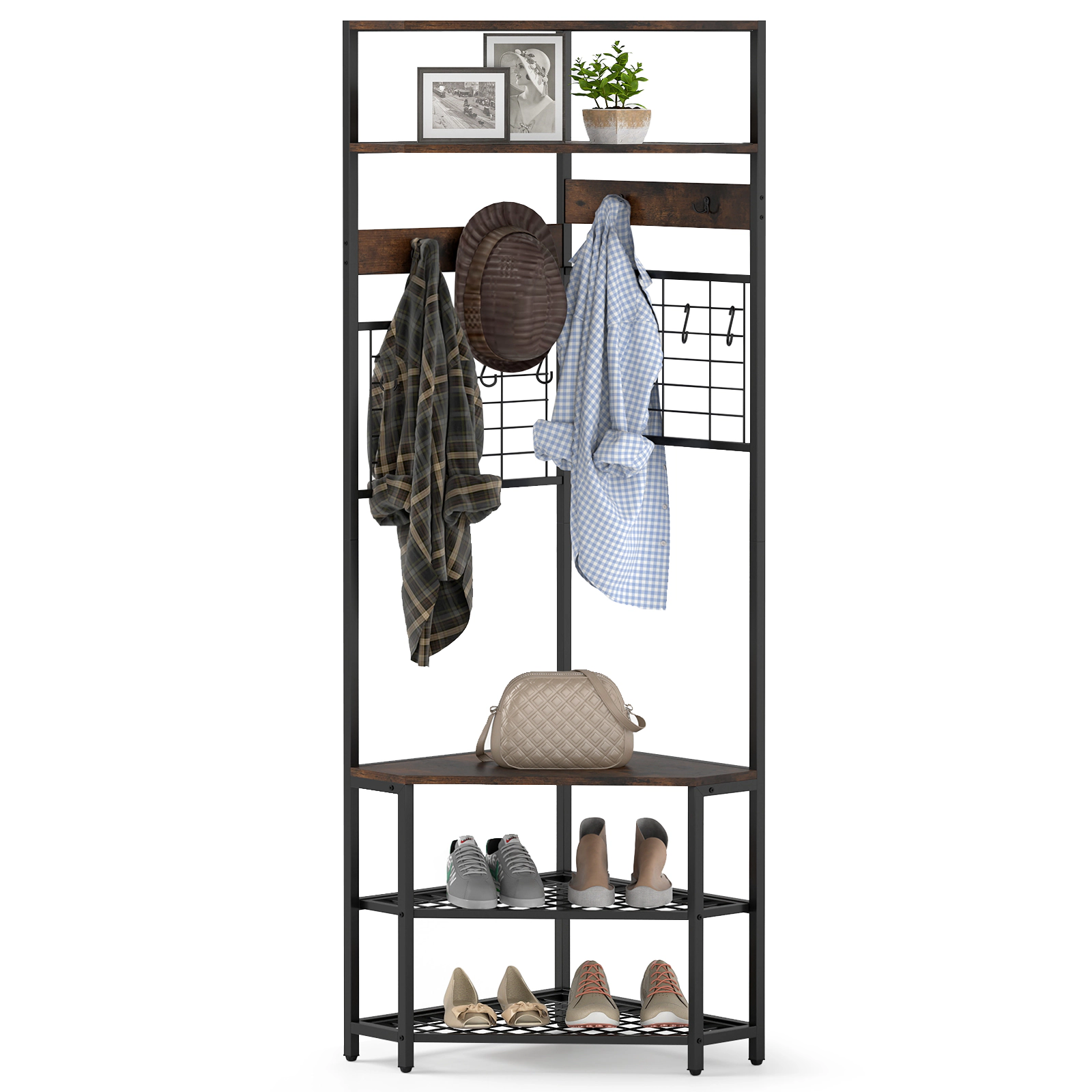 SUGIFT 5-Tier 72-in Tall Corner Hall Tree with Shoe Storage Bench 12 Hooks and Entryway Coat Rack