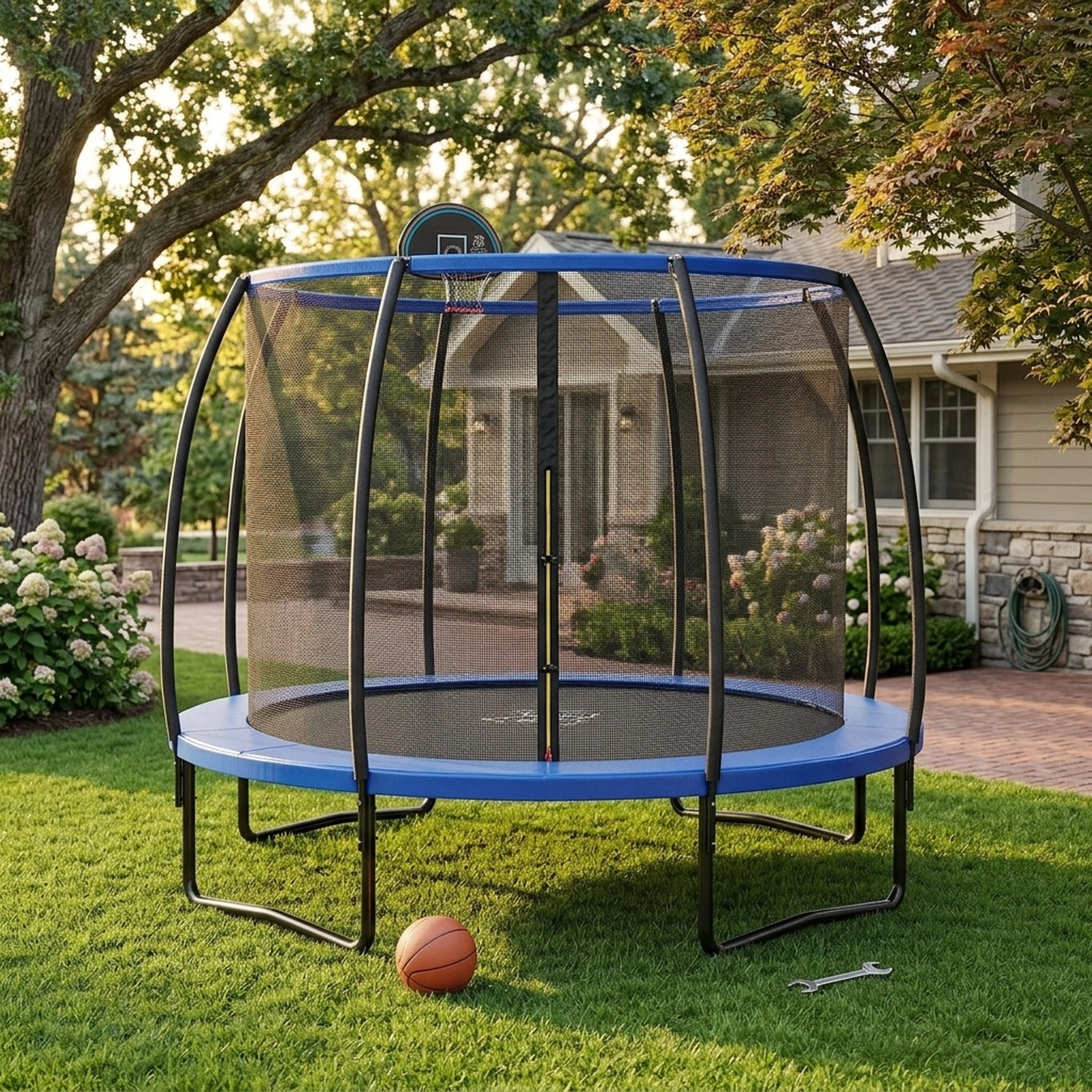 12-ft Trampoline Basketball Hoop Safety Enclosure Net 400-lb Capacity Hot-Dip Galvanized U-Shaped Legs Outdoor Blue