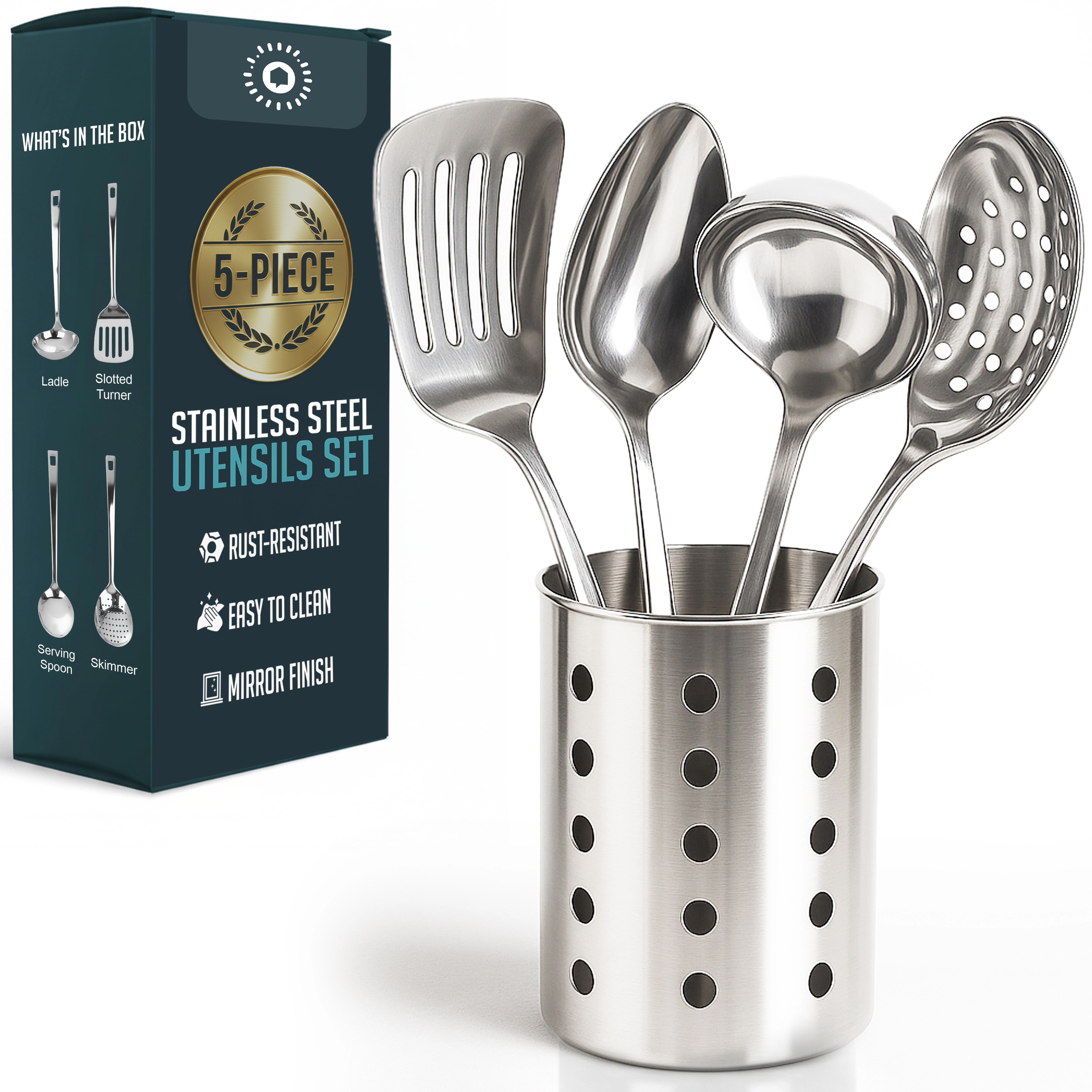 Luminuxe Stainless Steel Kitchen Utensil Set w/ Holder, 5pc Heat Resistant Kitchen Tools w Ladle Skimmer & Serving Spoon
